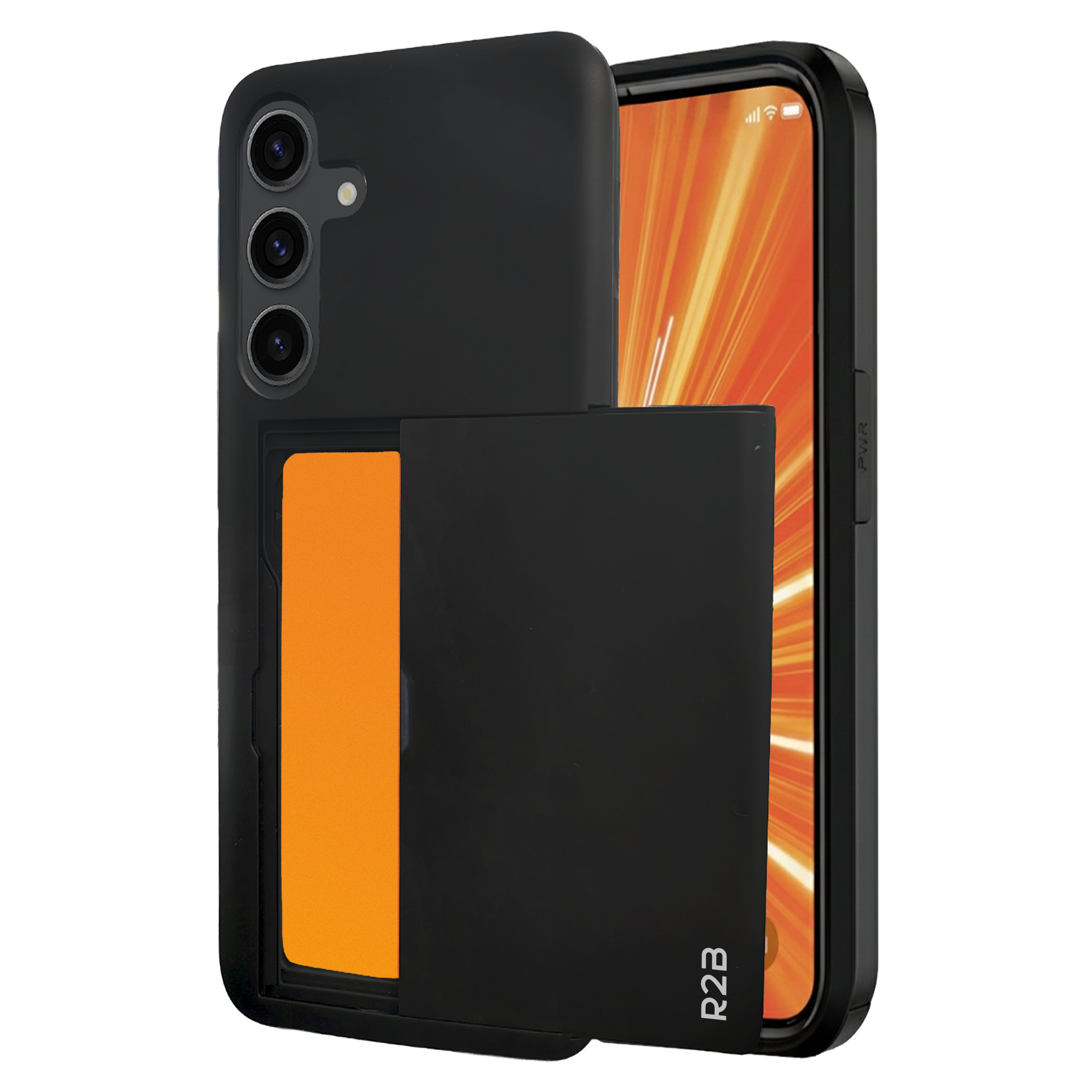 Coque de téléphone noire avec porte-cartes. L'écran du téléphone est orange. L'étui a trois lentilles de caméra.