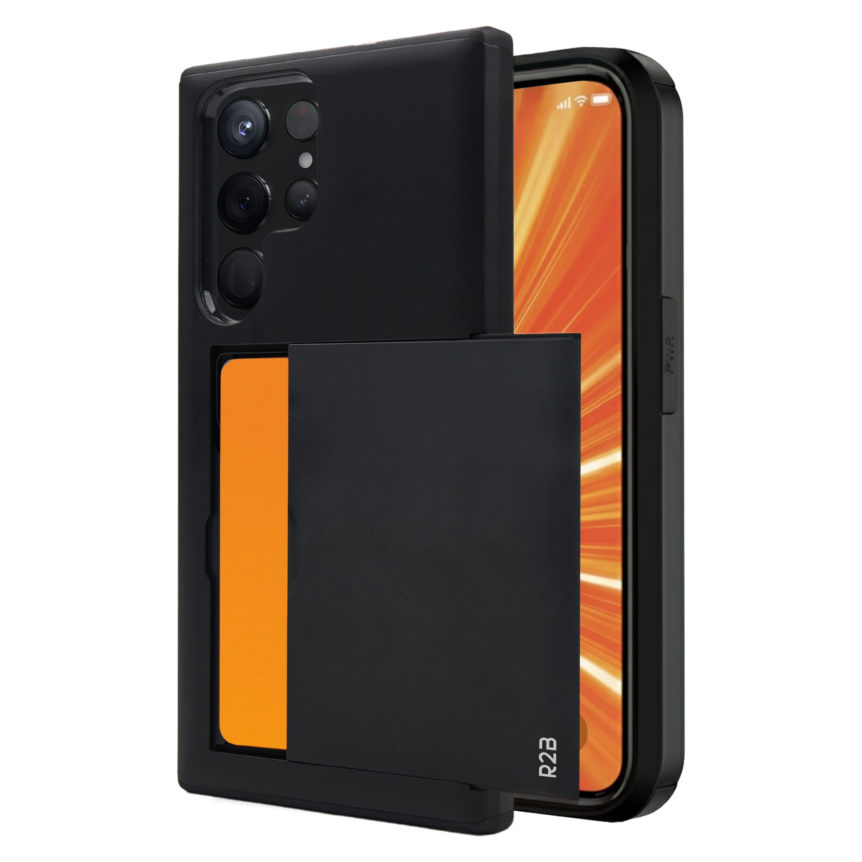 Coque de téléphone noire avec fente pour carte contenant un téléphone avec un fond orange. La coque a un bouton d'alimentation.