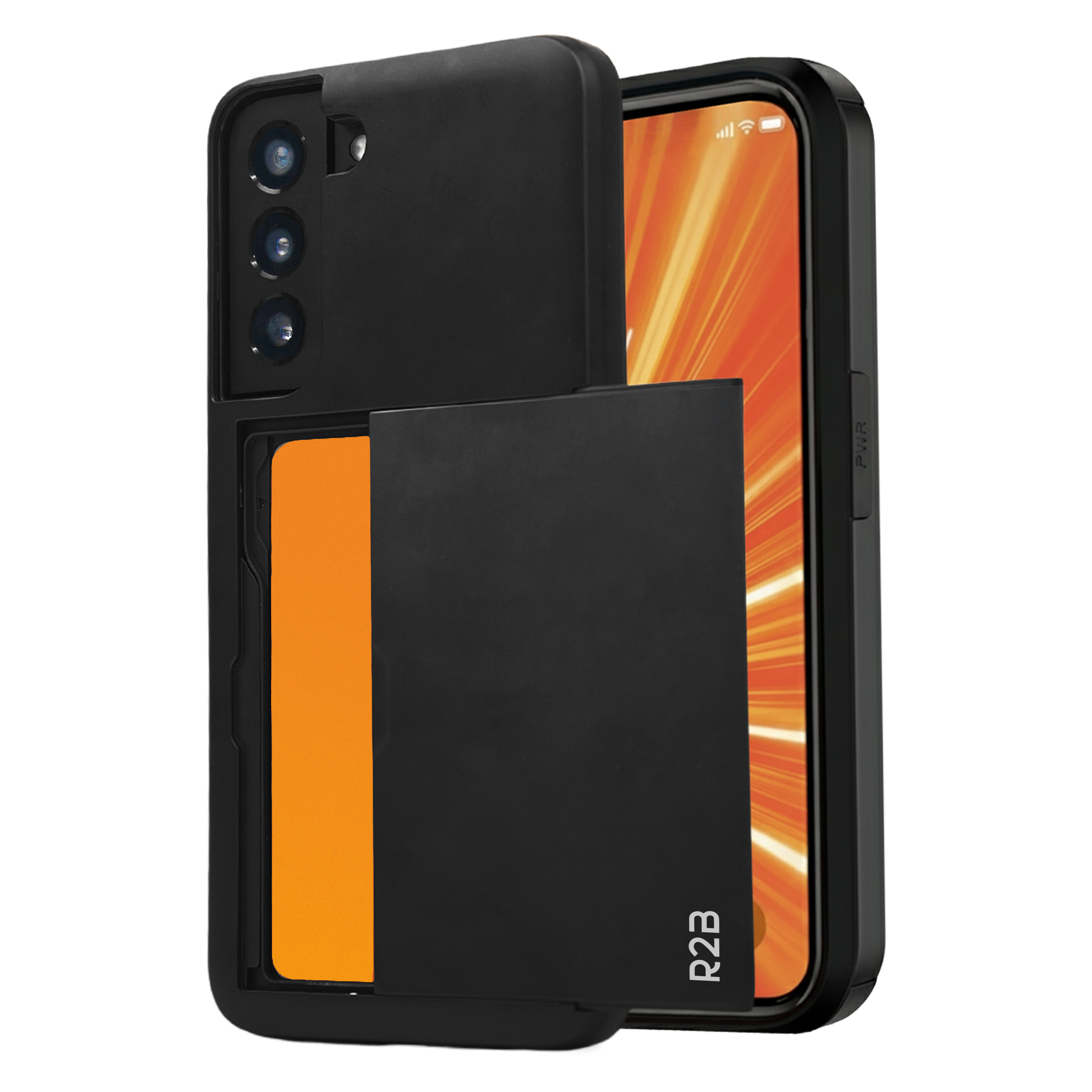 Coque de téléphone noire avec fente pour carte. Le téléphone affiche un fond orange. Logo R2B visible.