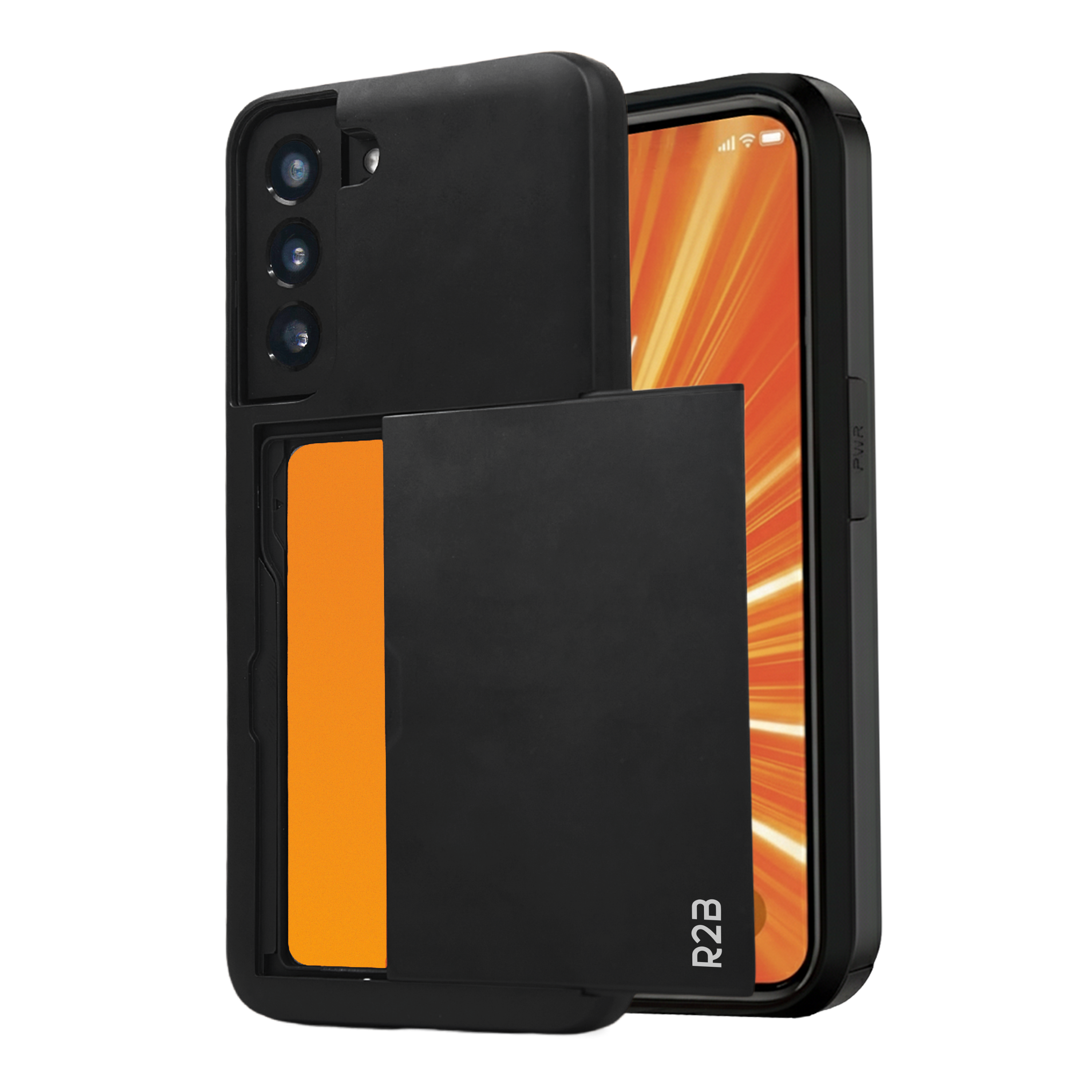 Un étui de téléphone noir avec un porte-cartes noir. Un téléphone avec un fond orange est dans l'étui.