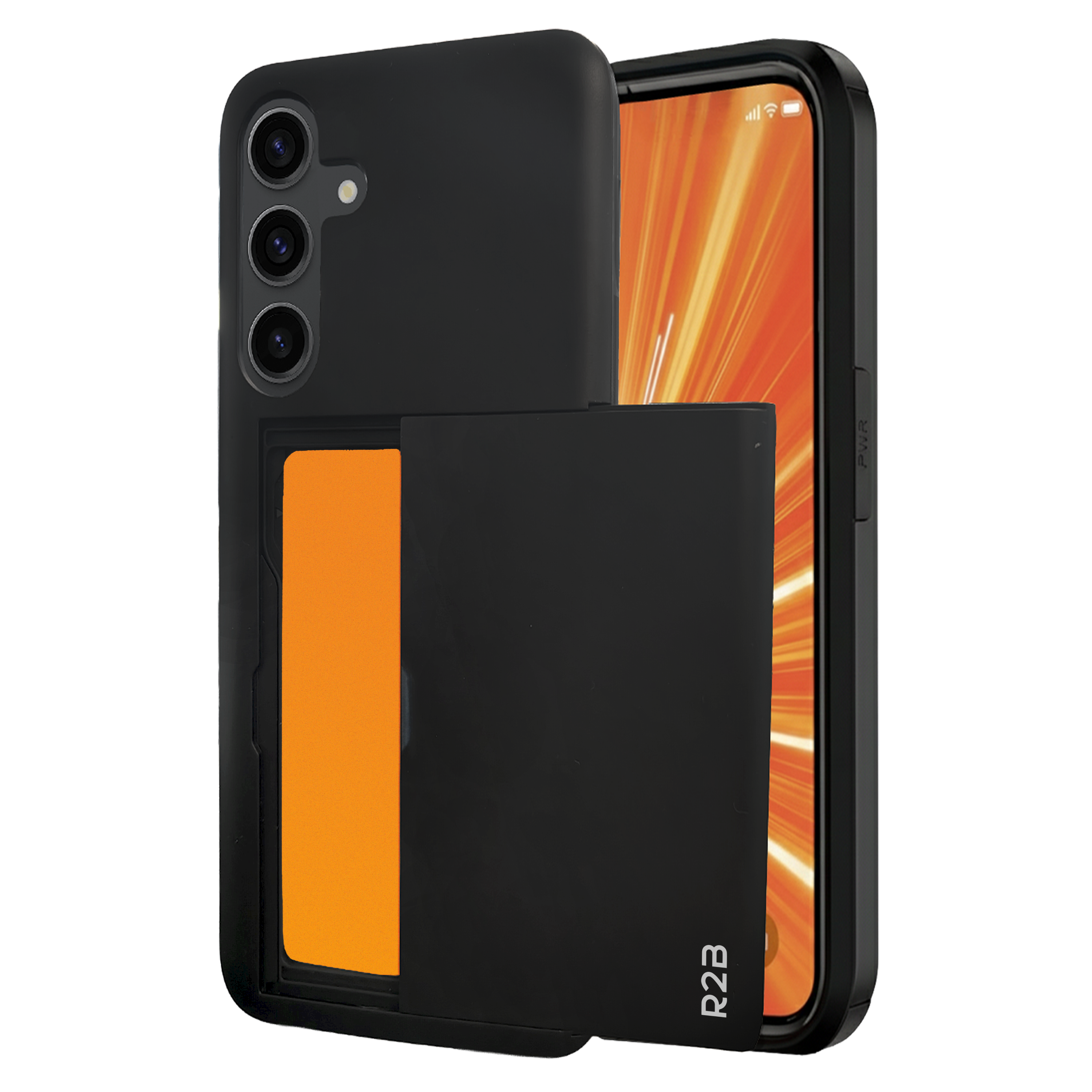Coque de téléphone noire avec porte-cartes, écran de téléphone affiche fond orange, fond blanc.
