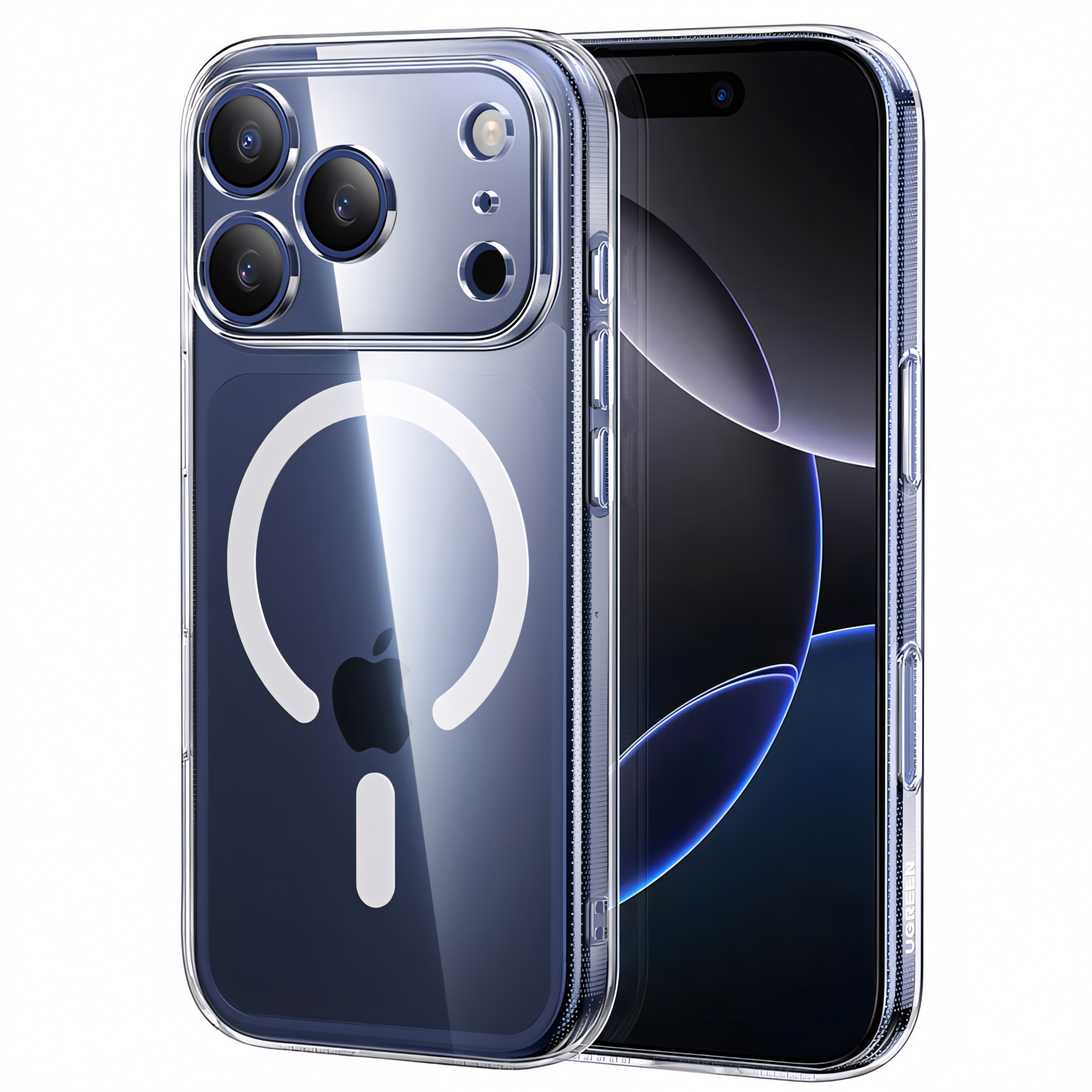 Przezroczyste etui na telefonie. Etui ma biały pierścień i logo Apple. Ekran jest czarny.