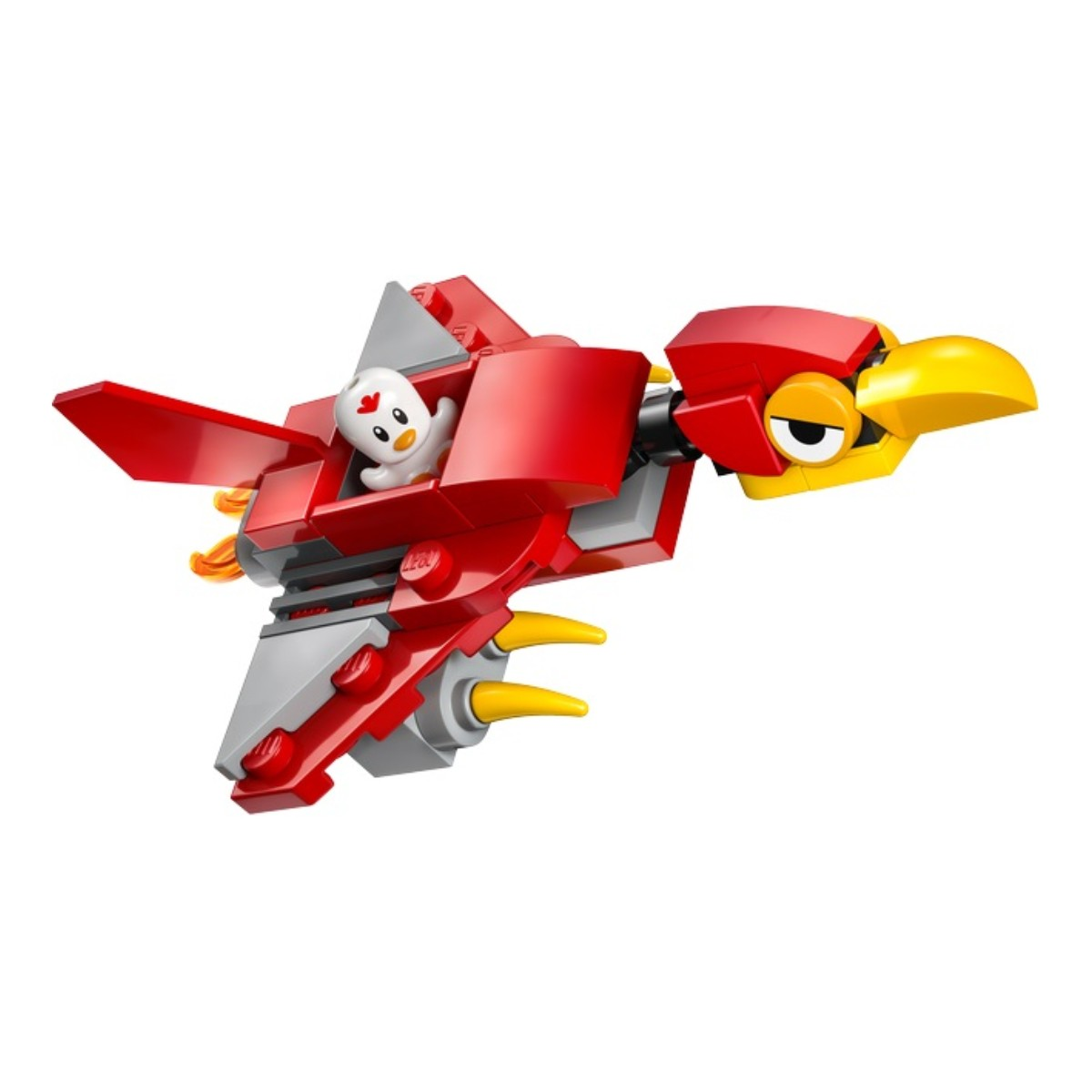 Un aereo Lego rosso a forma di uccello con un pulcino bianco nell'abitacolo e becco e artigli gialli.