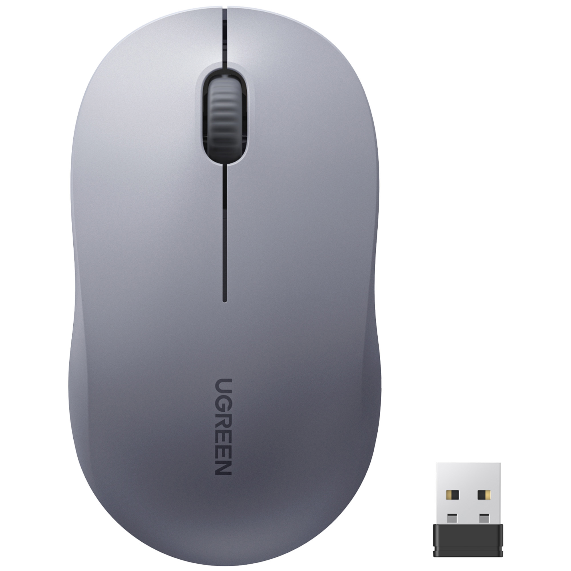 Szara bezprzewodowa mysz UGREEN z odbiornikiem USB. Posiada kółko przewijania i dwa przyciski. Tło jest białe.