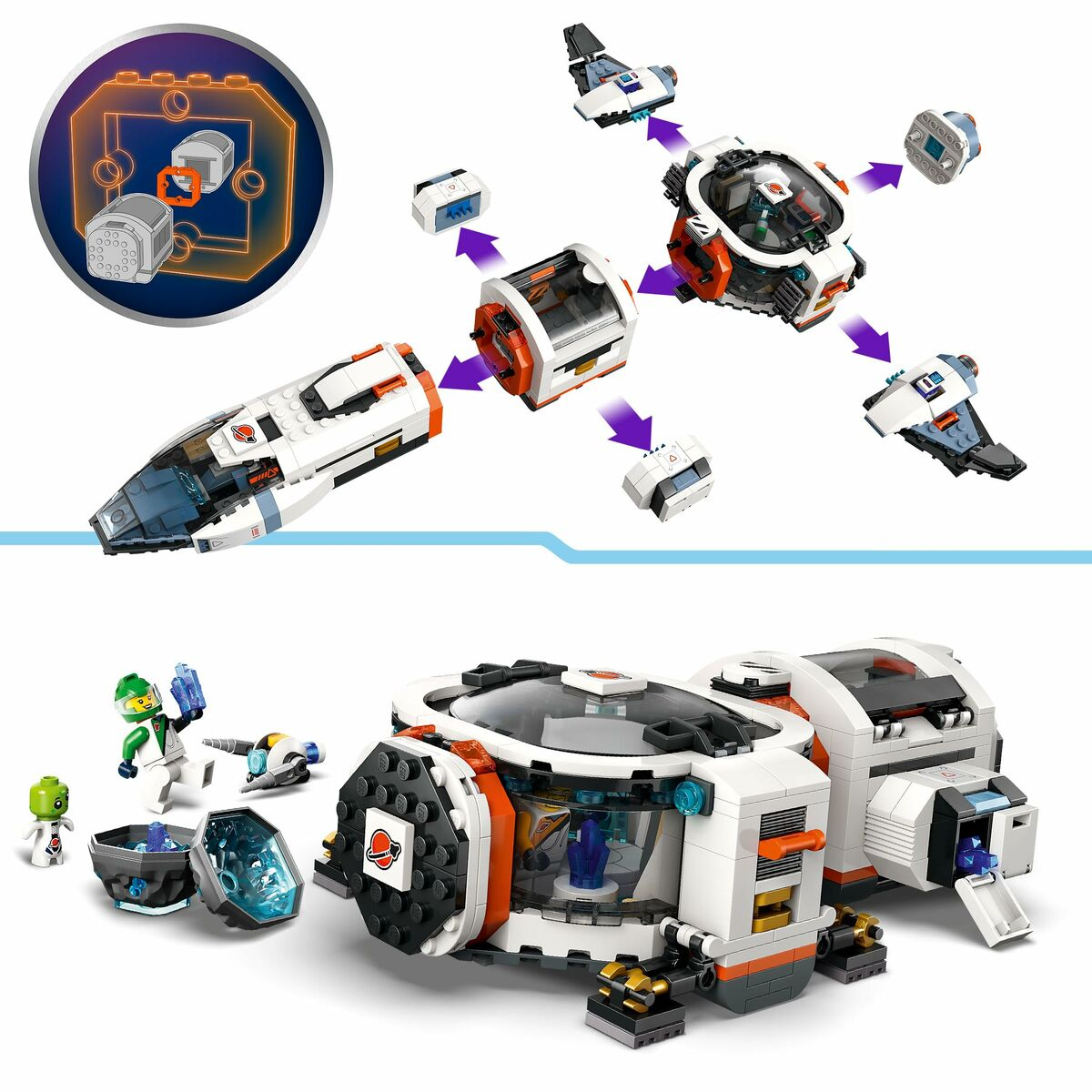 Zestaw stacji kosmicznej Lego jest pokazany w stanie zdemontowanym i zmontowanym. Zawiera stację, statki, figurki i akcesoria.