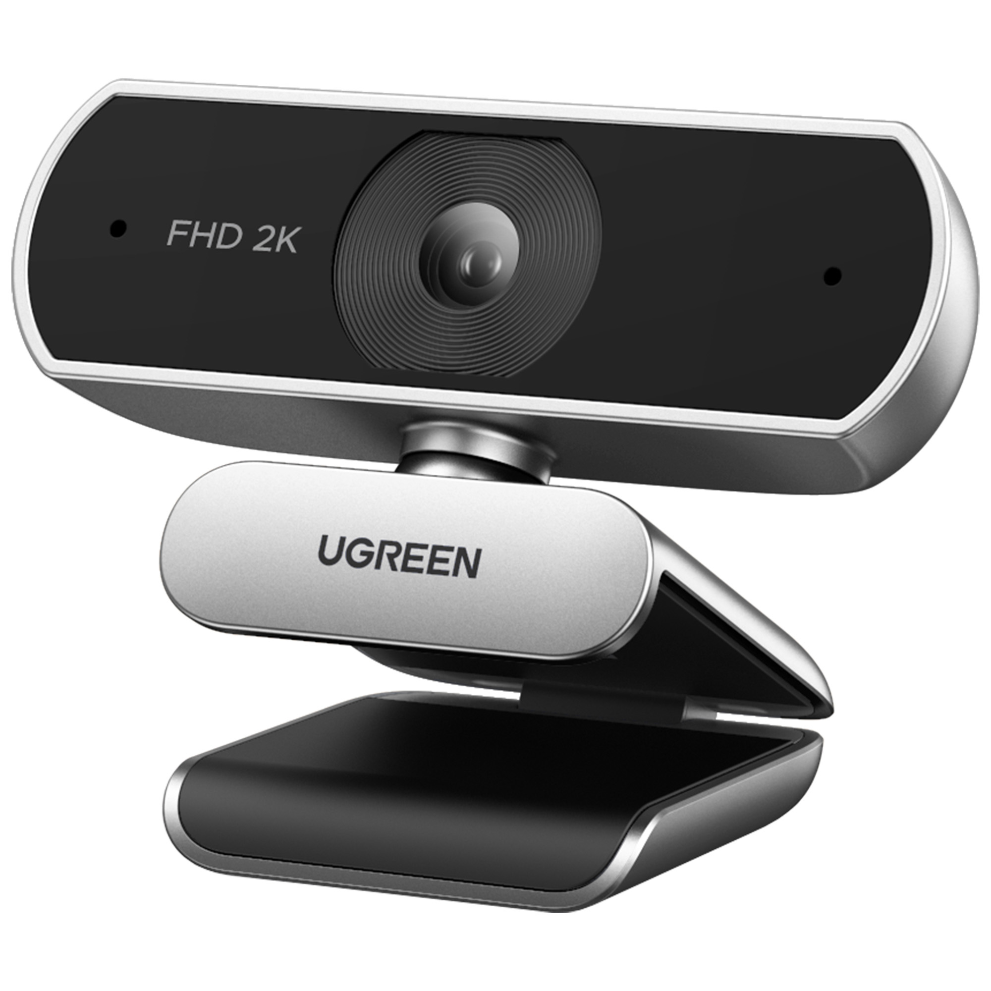 Srebrno-czarna kamera internetowa UGREEN. Ma obiektyw, tekst 'FHD 2K' i podstawkę. Tło jest białe.