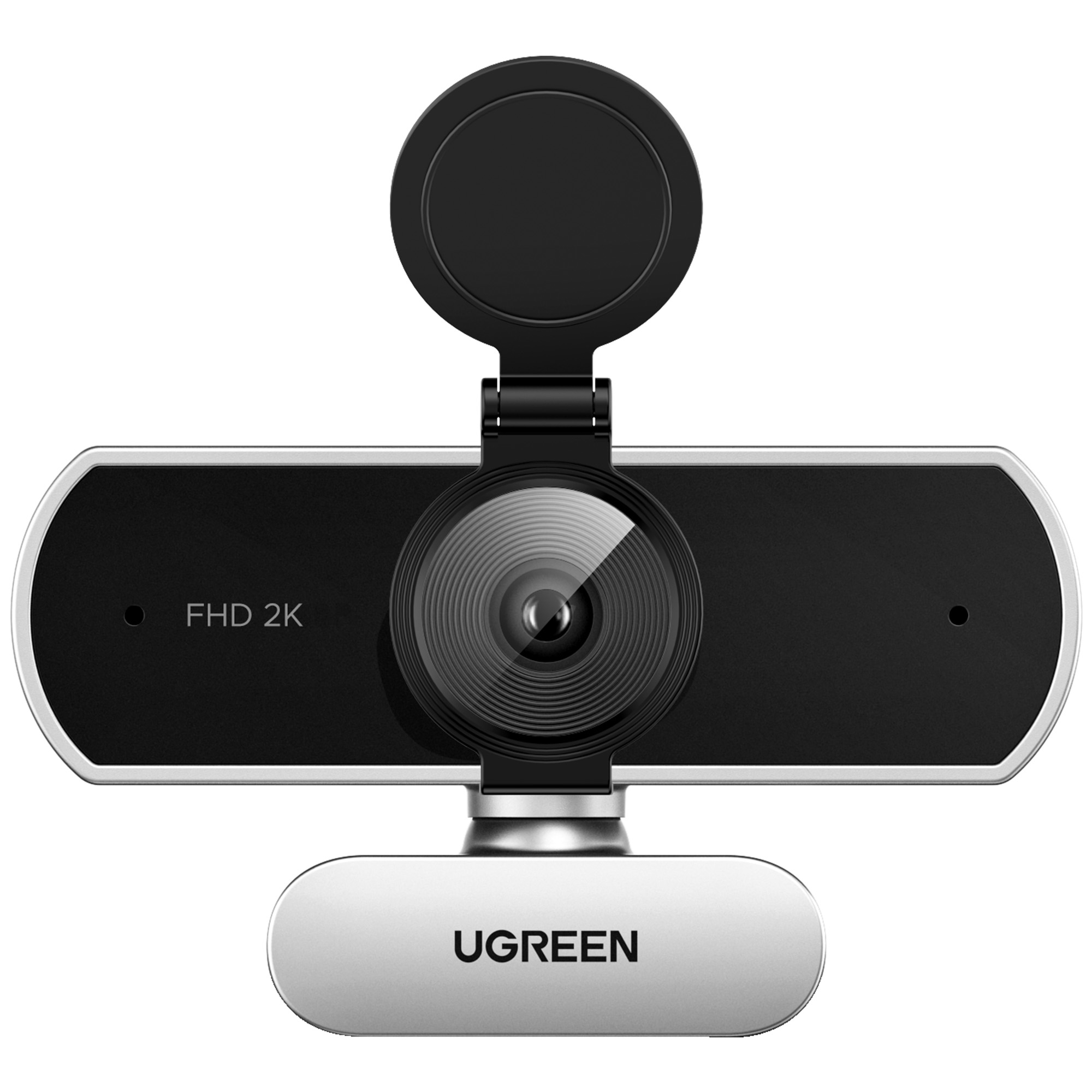 Kamera internetowa UGREEN. Ma czarny korpus ze srebrną ramką, obiektyw i osłonę. Na podstawie napisano 'UGREEN'.