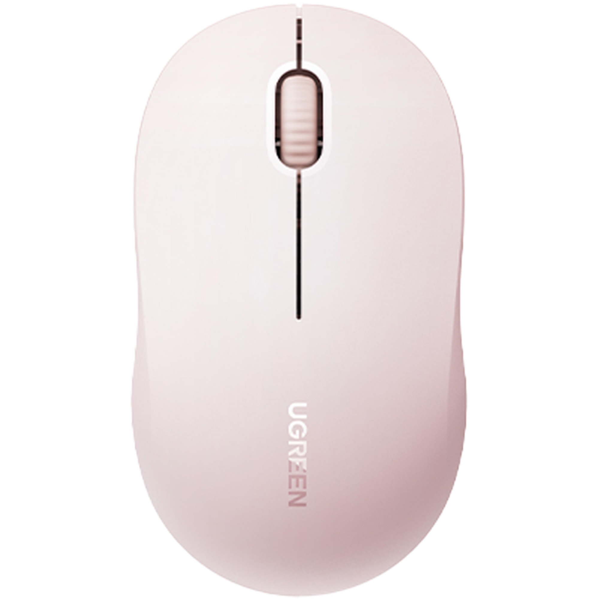 Jasnoróżowa bezprzewodowa mysz UGREEN. Ma kółko przewijania i nadrukowaną nazwę marki.
