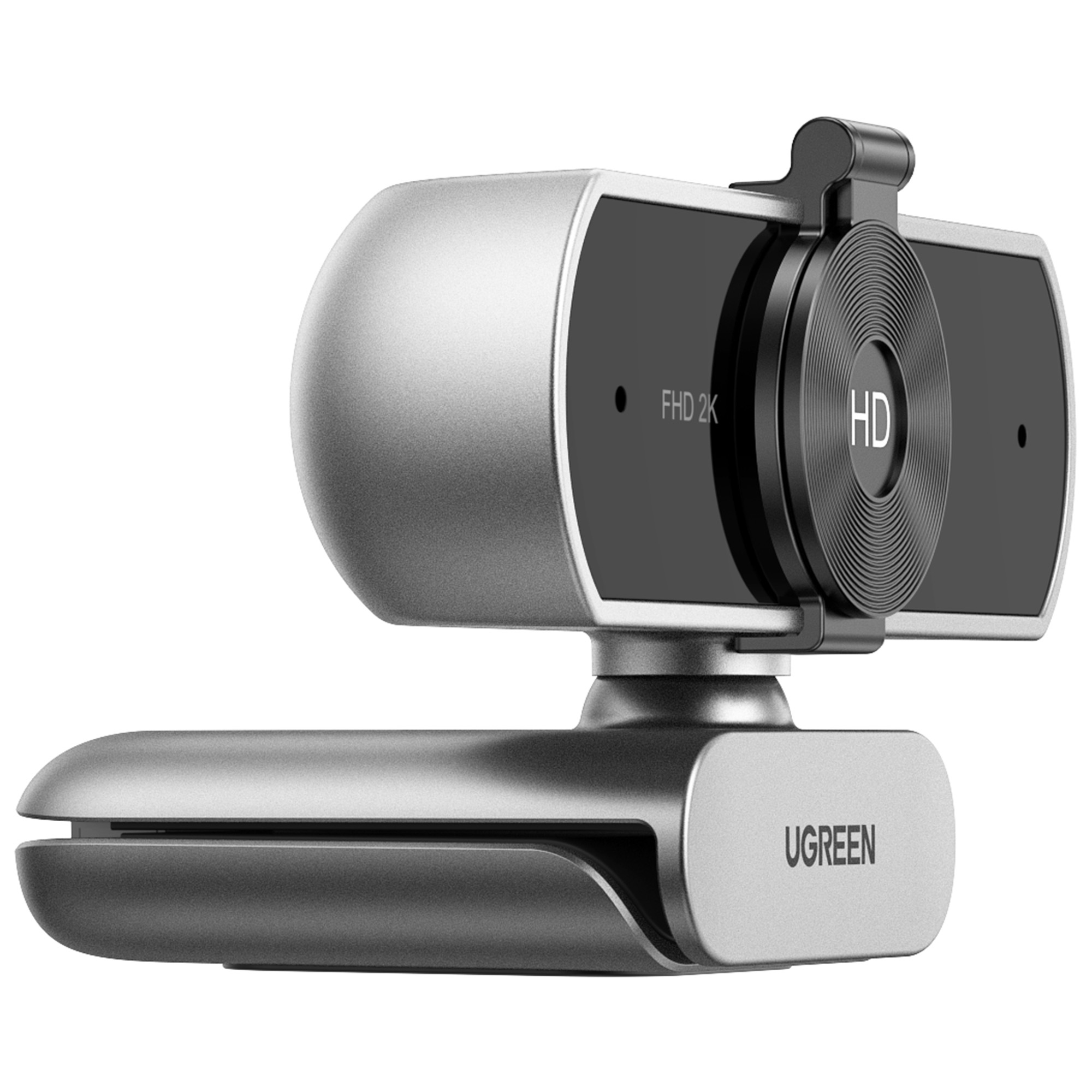 Srebrno-czarna kamera internetowa UGREEN. Posiada okrągły obiektyw, etykietę HD i FHD 2K na białym tle.
