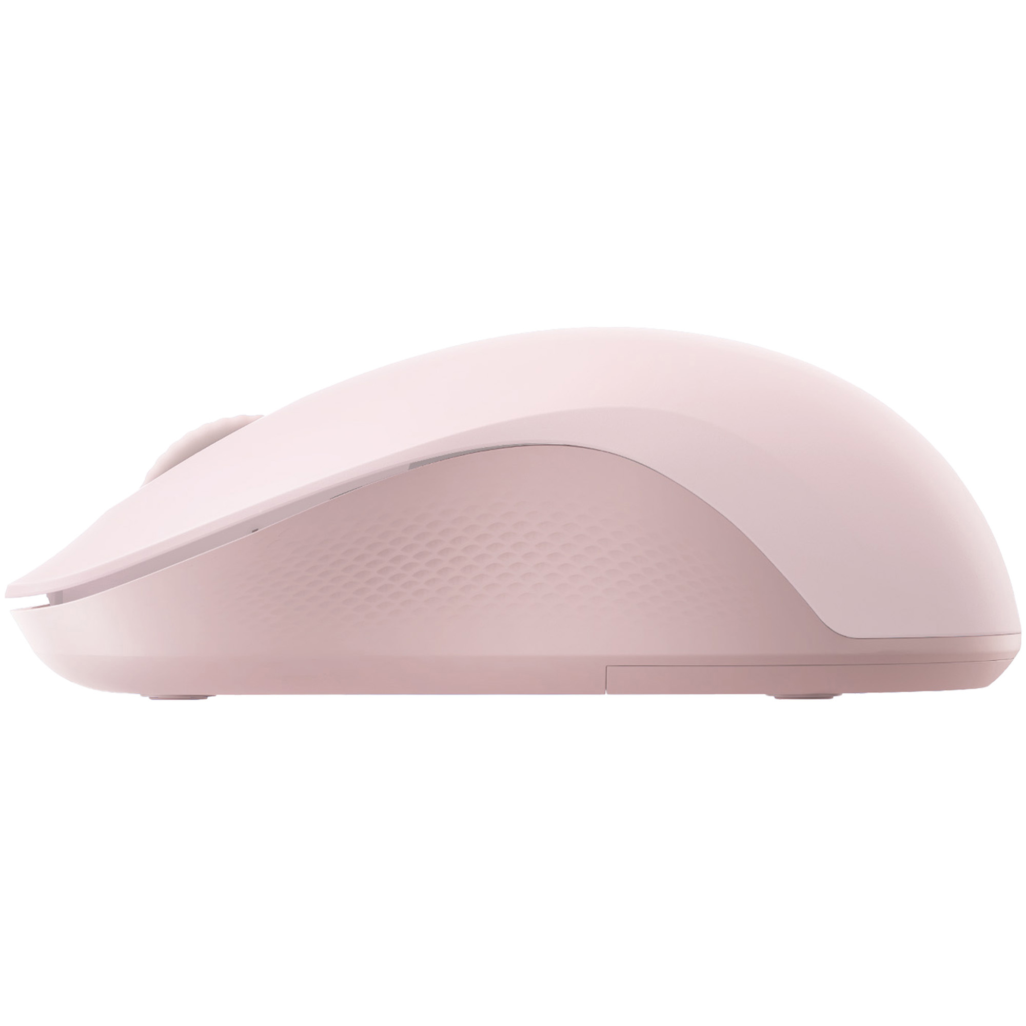 Widok z boku jasnoróżowej bezprzewodowej myszy komputerowej z kółkiem przewijania i teksturowanym panelem bocznym. Białe tło.