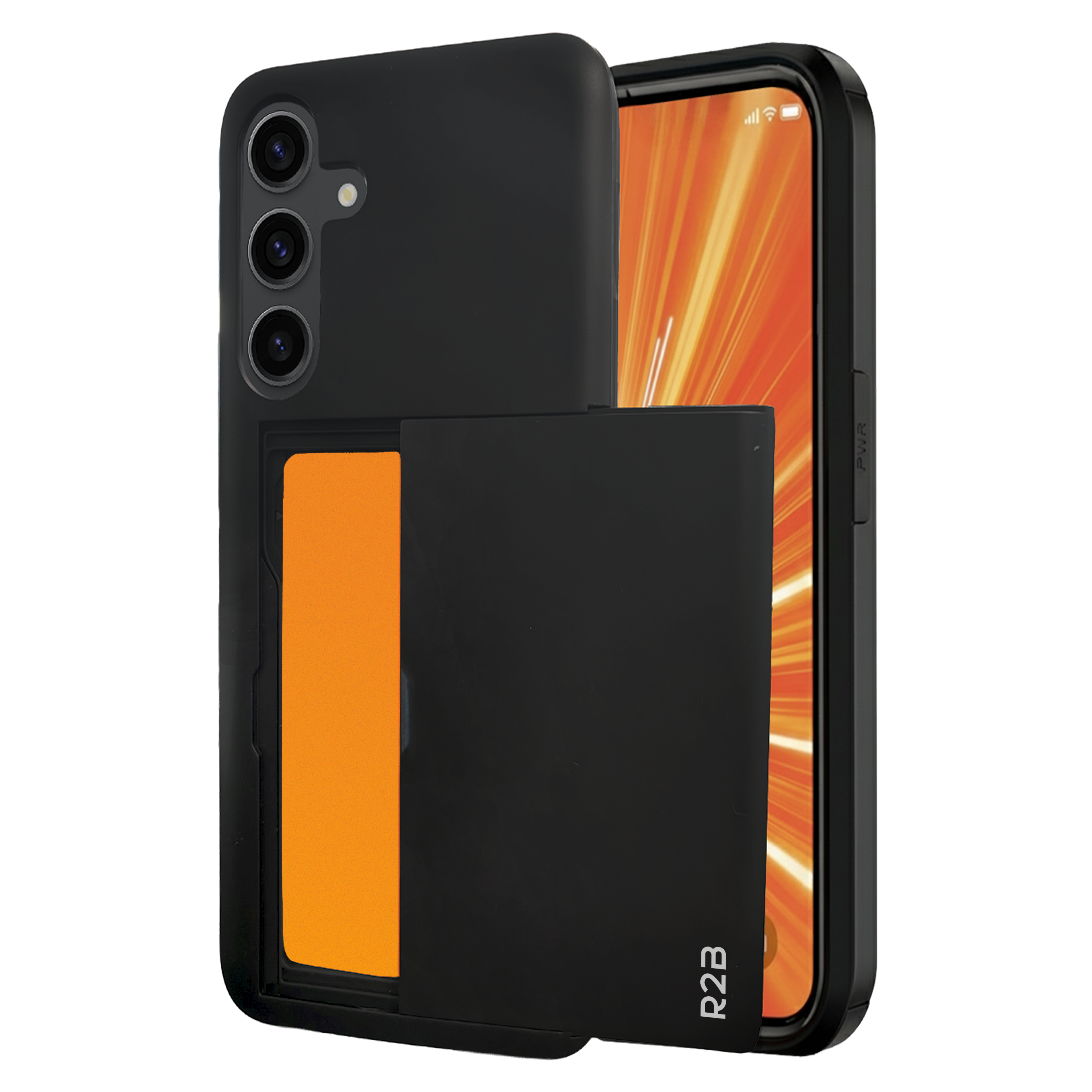 Coque de téléphone noire avec porte-cartes orange. Le téléphone affiche des graphismes orange et blancs. Texte 'R2B' visible.