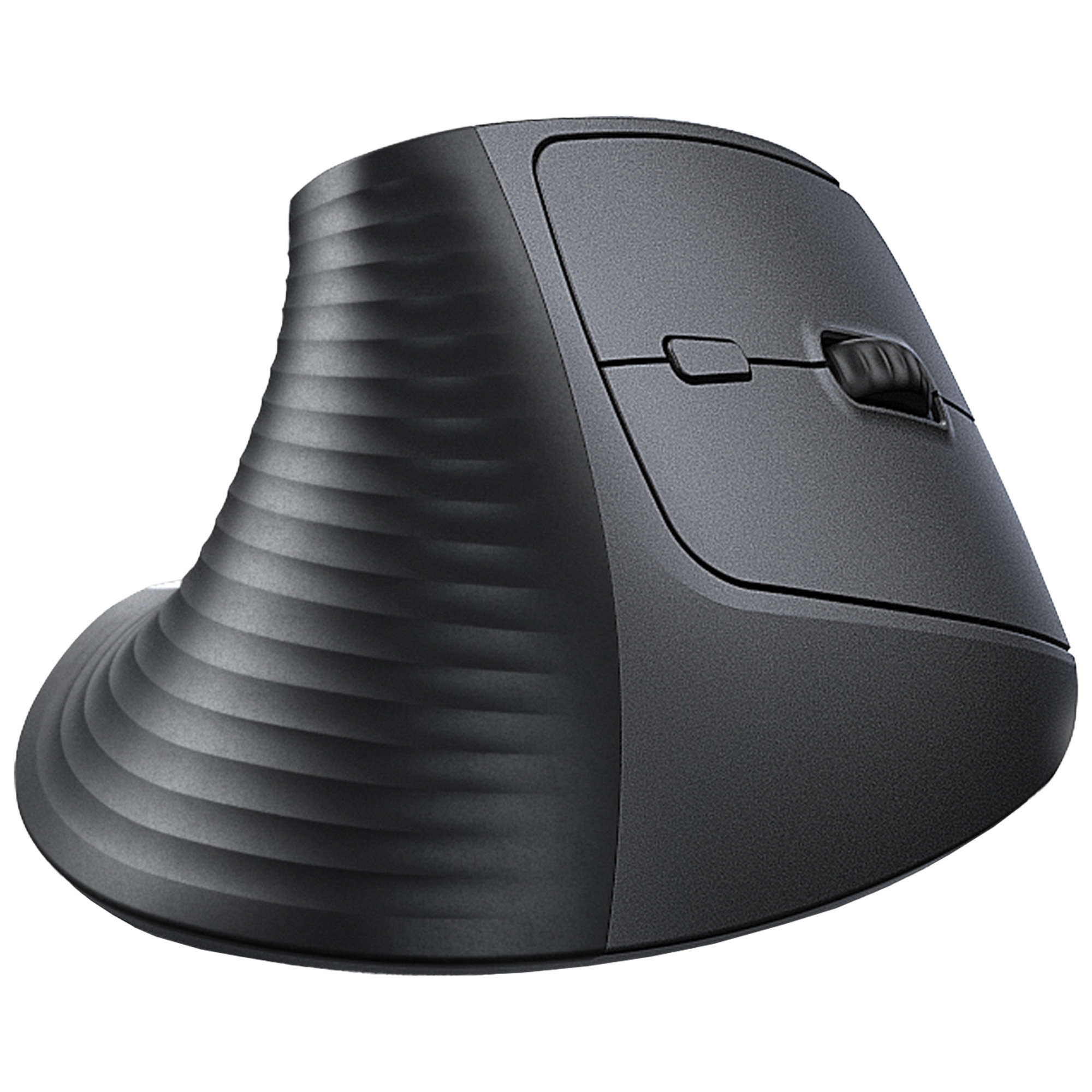 Ciemnoszara mysz ergonomiczna. Ma pionową konstrukcję z zakrzywioną podstawą i górą z przyciskami i kółkiem przewijania.