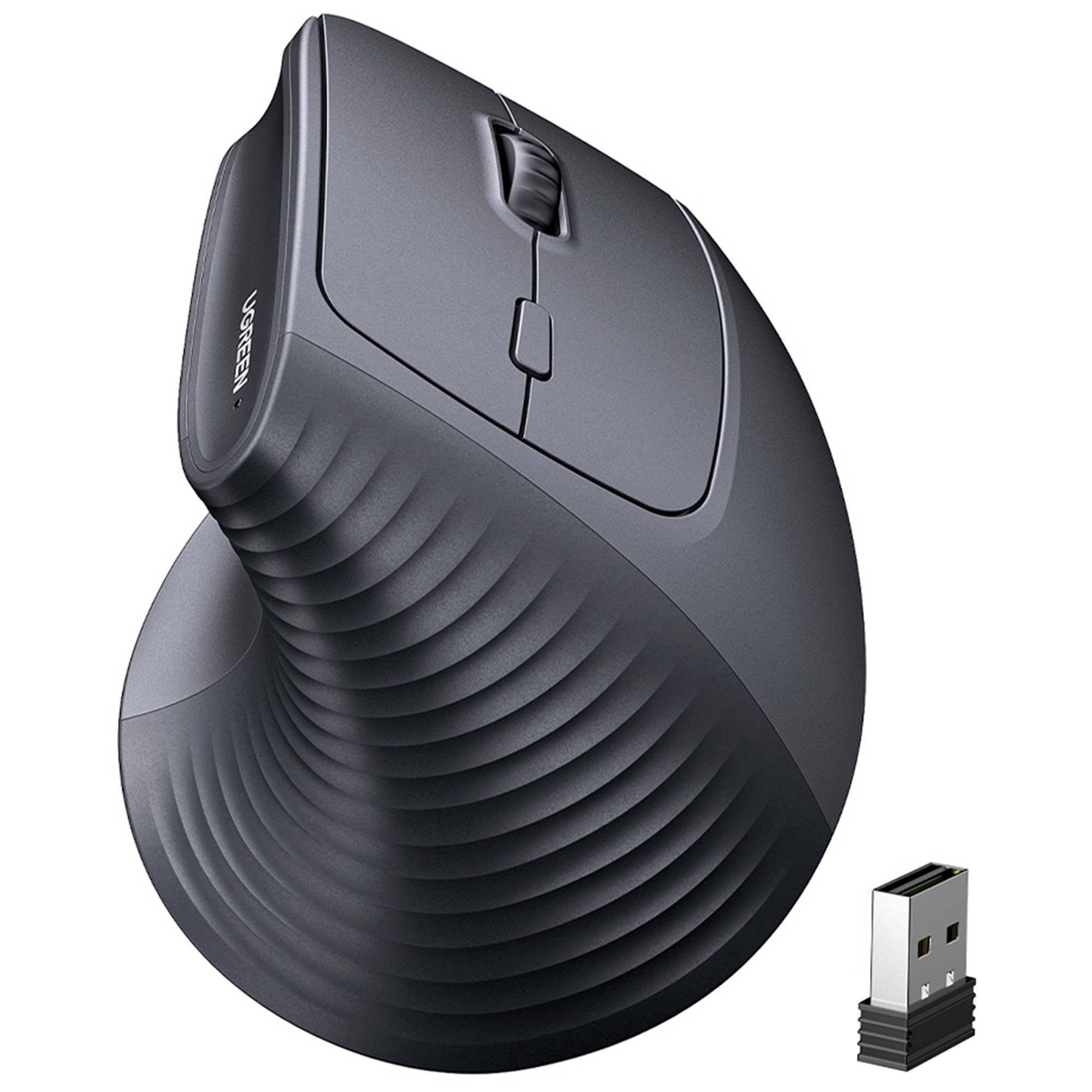 Szara, ergonomiczna mysz pionowa z odbiornikiem USB. Ma kółko przewijania, przyciski i zakrzywioną konstrukcję.