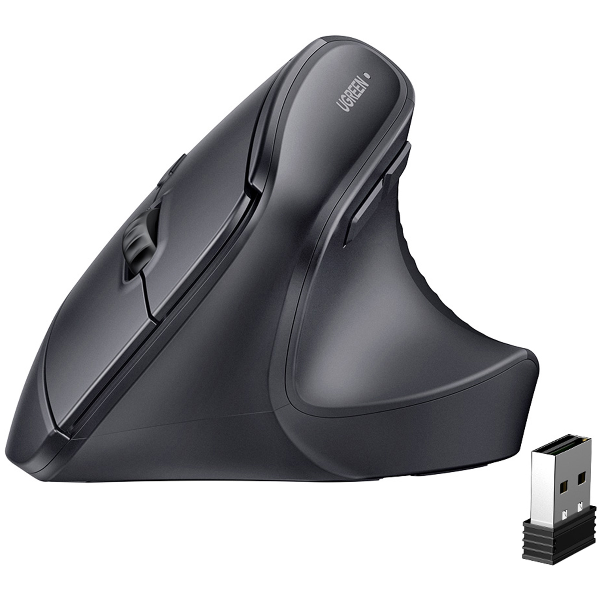 Ciemnoszara ergonomiczna mysz z odbiornikiem USB. Jest zakrzywiona dla wygody i ma logo UGREEN.