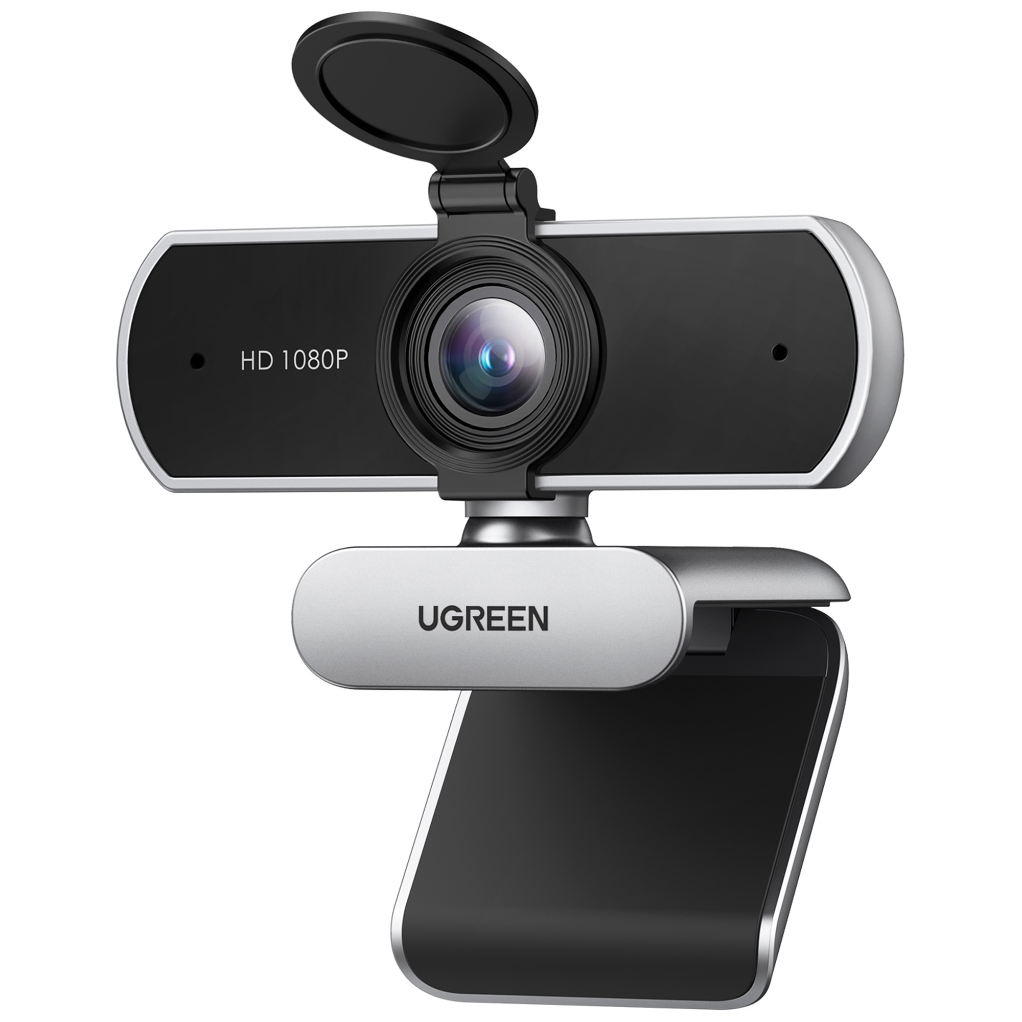 Kamera internetowa UGREEN HD 1080P. Czarno-srebrna obudowa z obiektywem, osłoną i podstawą.