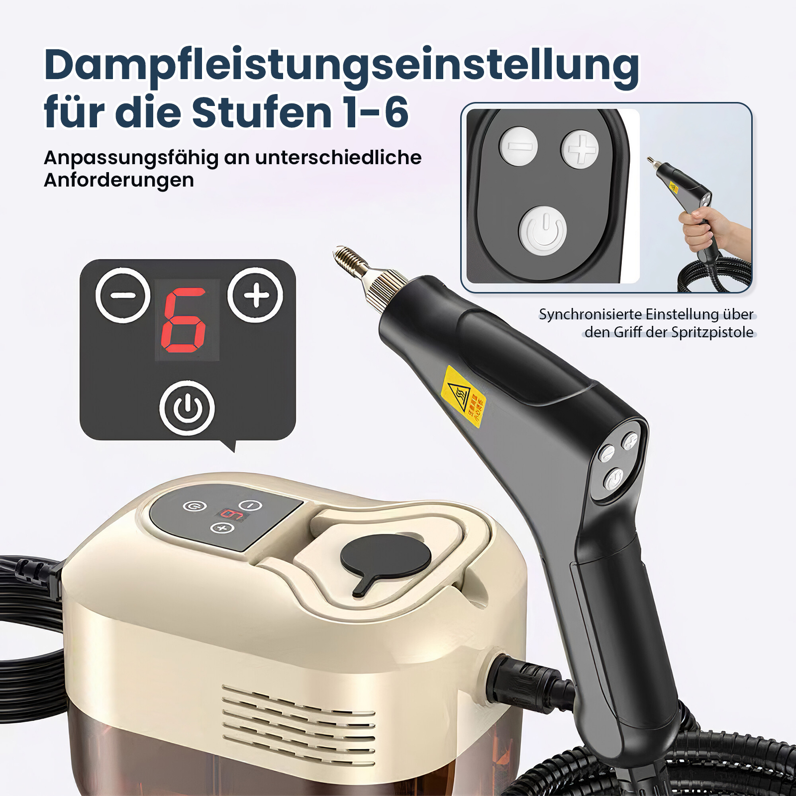 Ein Dampfreiniger mit Digitalanzeige, die '6' anzeigt. Ein Pistolengriff ist mit dem Reiniger verbunden.