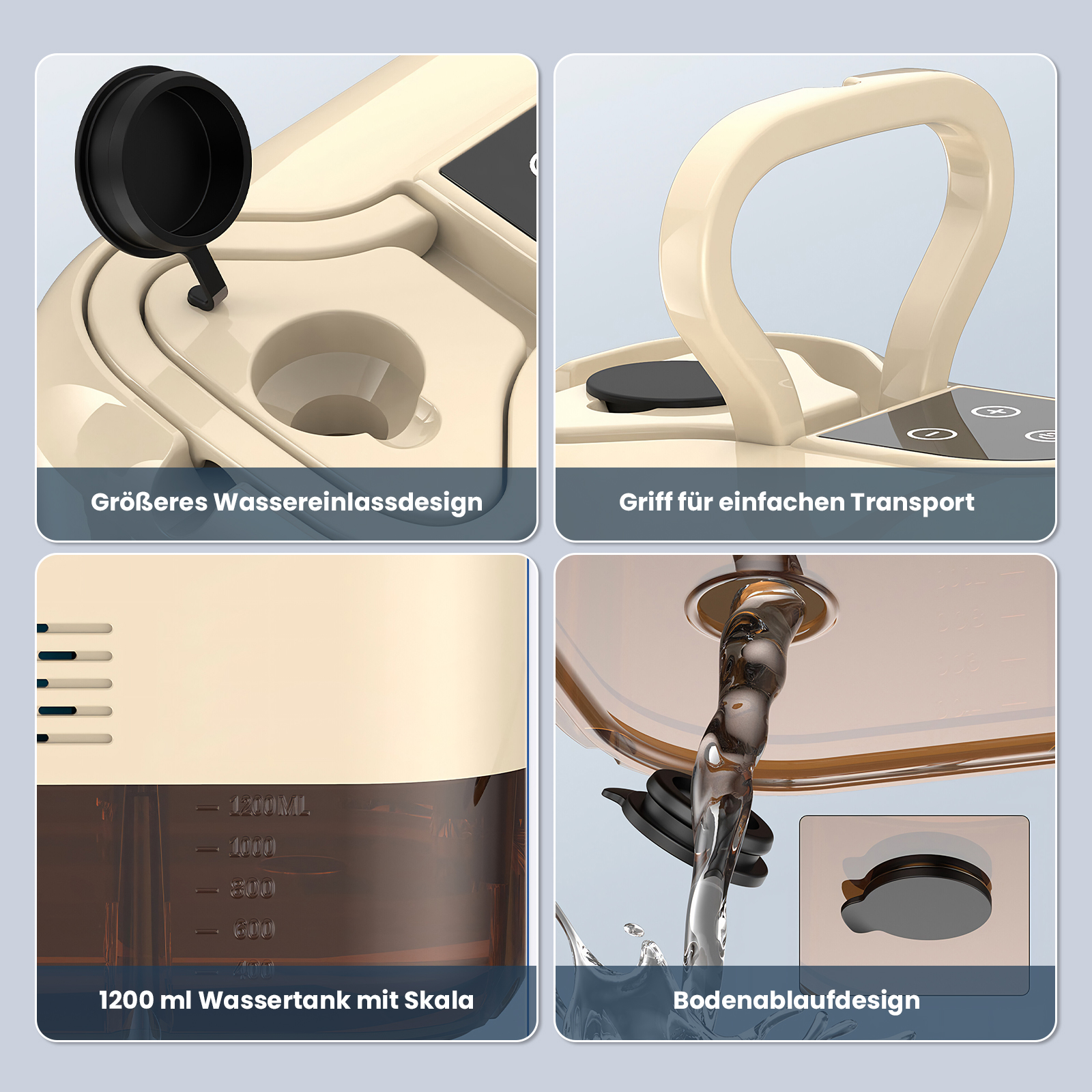 Ein beiger Wasserspender mit schwarzen Details. Er hat einen Griff, einen Wassertank und einen Wassereinlass. Wasser wird gegossen.