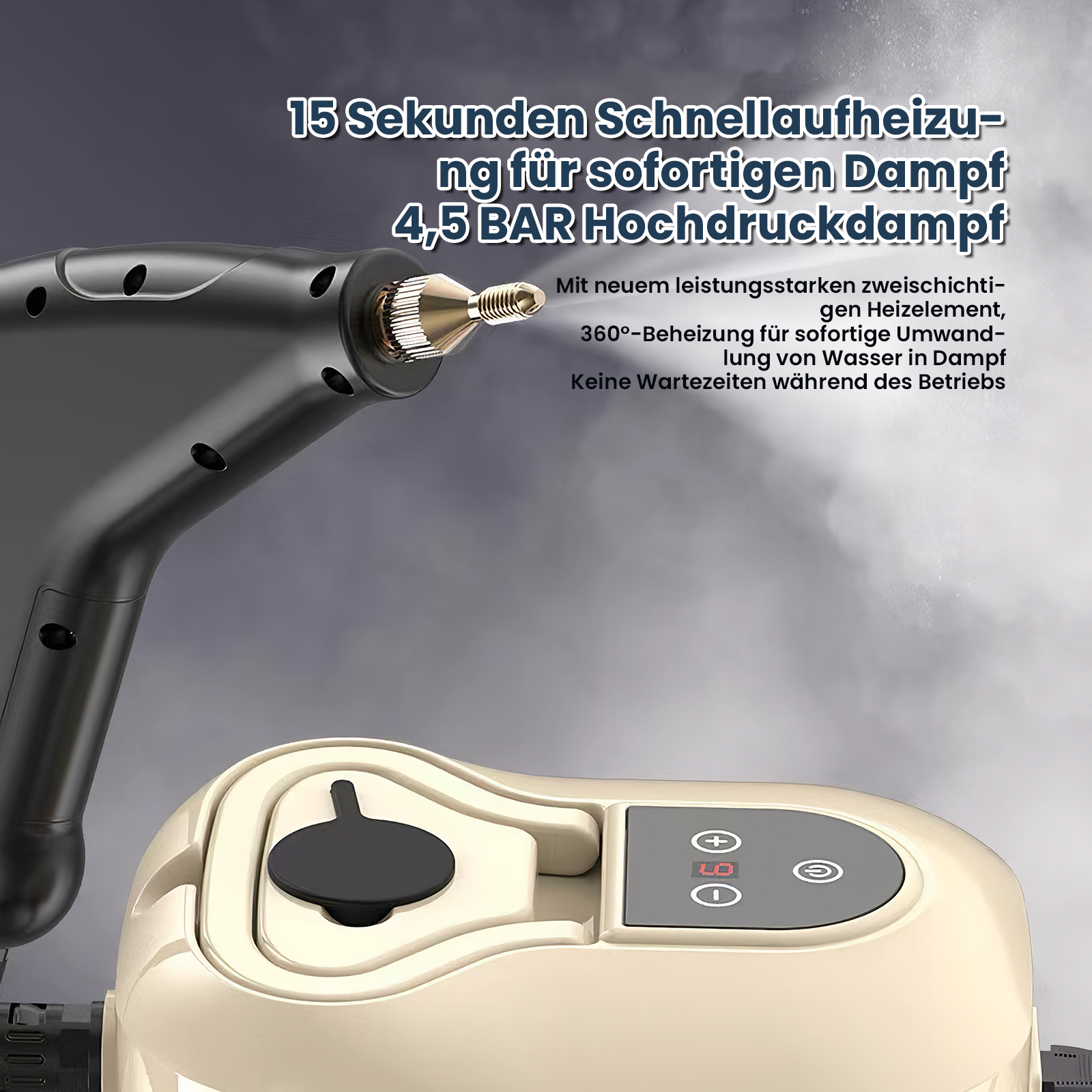 Ein schwarzer Dampfreiniger mit Text über schnelles Aufheizen und Hochdruck. Unten befindet sich ein weißer Sockel.