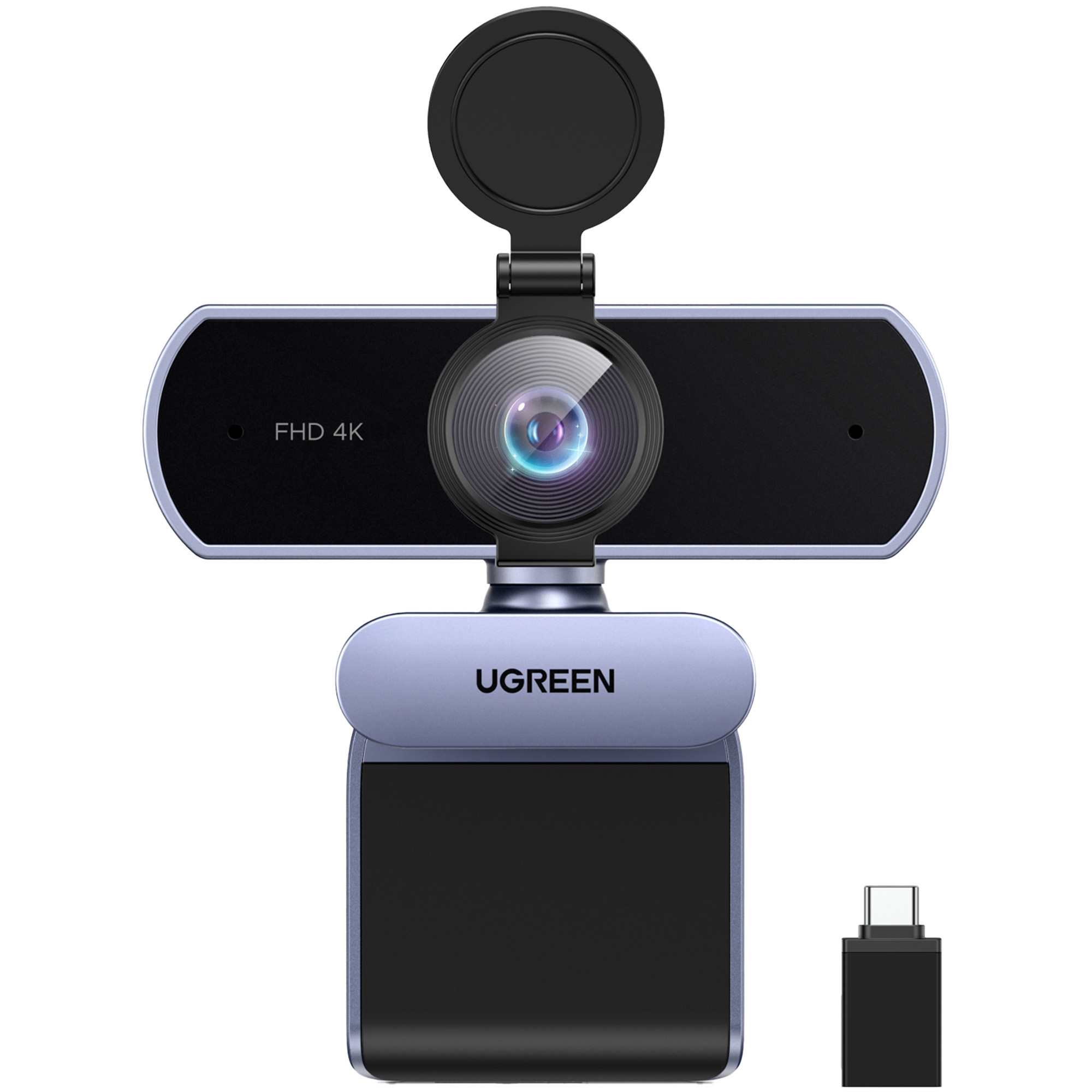 Kamera internetowa UGREEN z czarnym obiektywem, czarną osłoną prywatności oraz czarną i niebieską obudową, ze złączem USB-C.