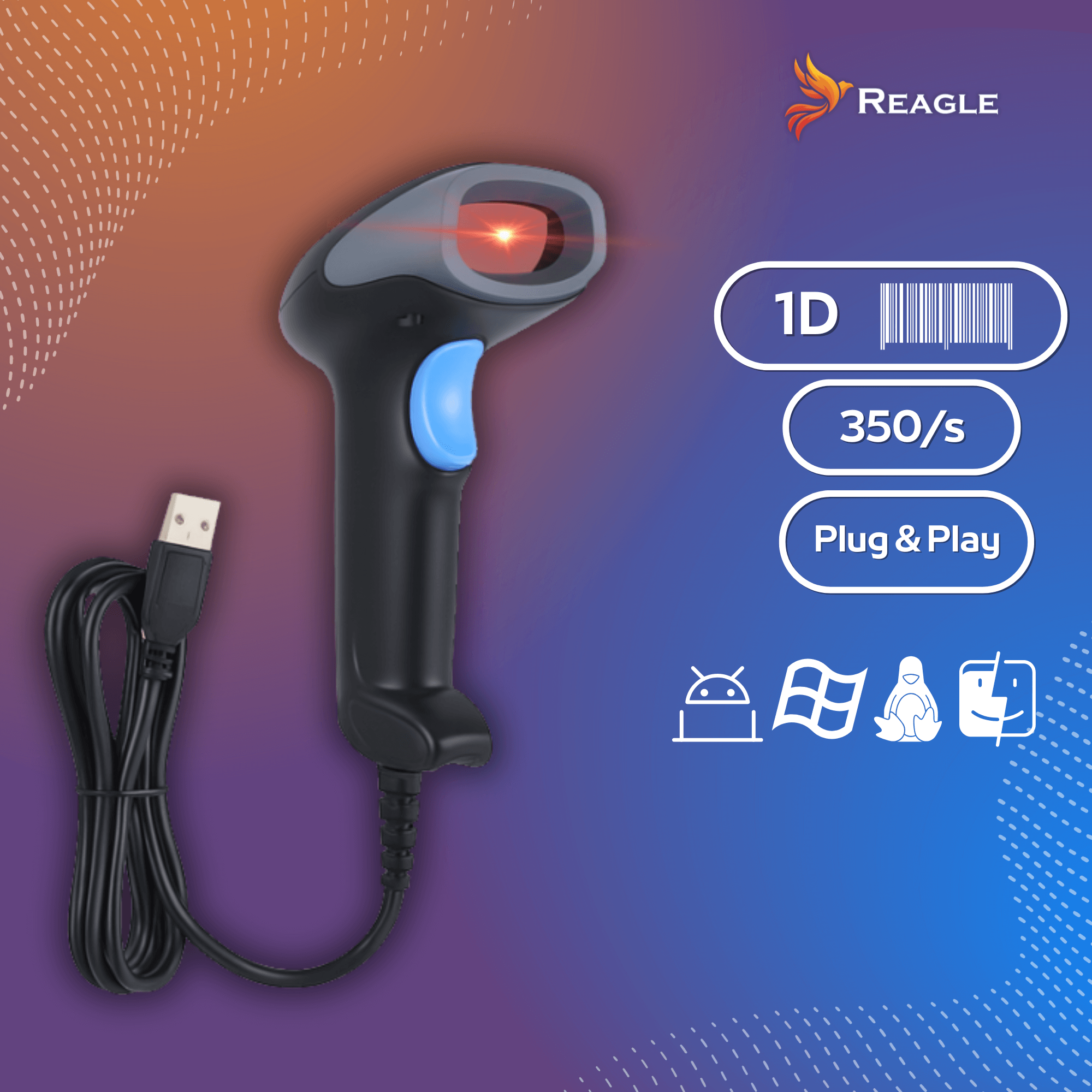 Czarny skaner kodów kreskowych z niebieskim przyciskiem i kablem USB, na gradientowym tle, z logo Reagle.