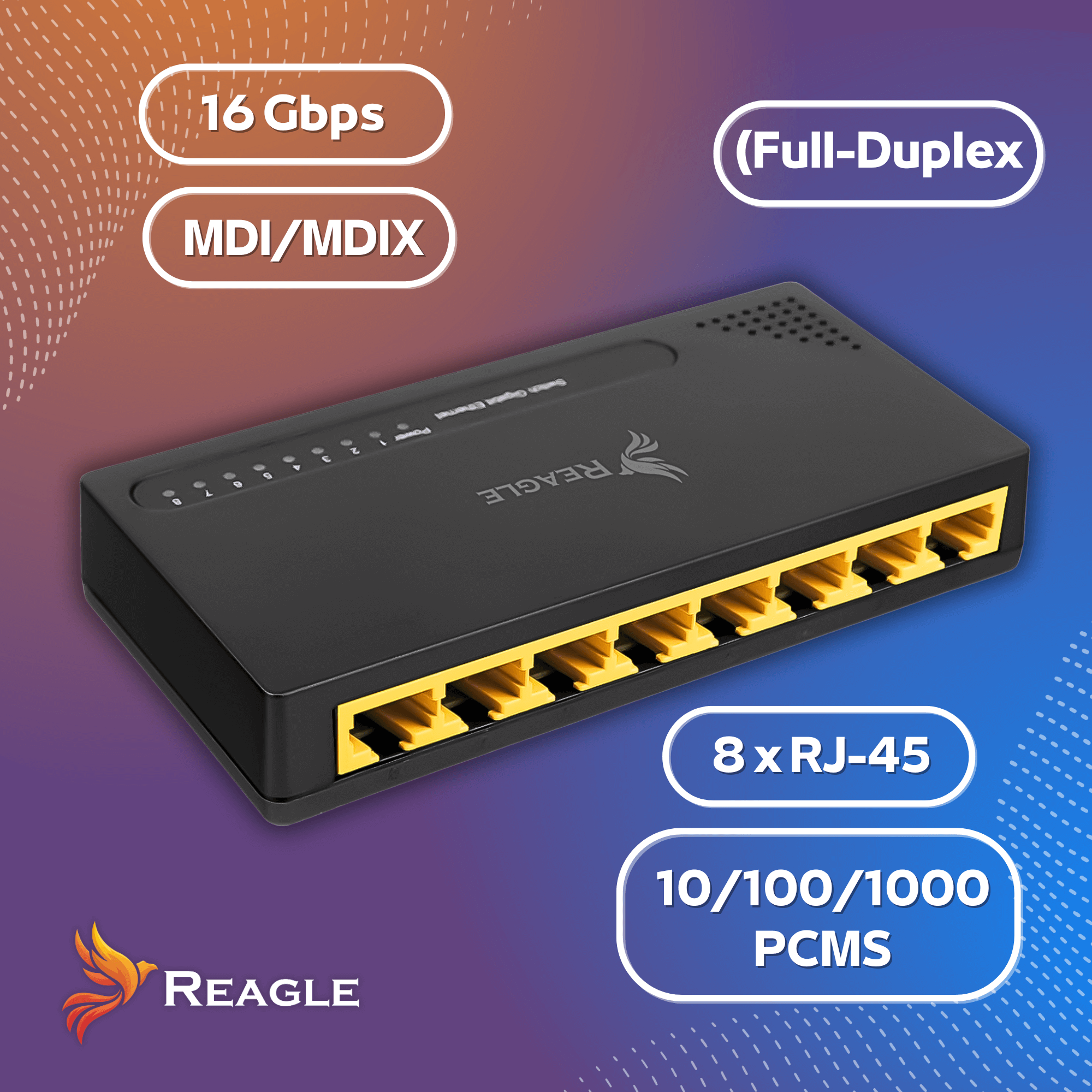 Czarny przełącznik sieciowy z żółtymi portami, oznaczony 'Reagle' i różnymi specyfikacjami, takimi jak 16 Gbps i 8 x RJ-45.