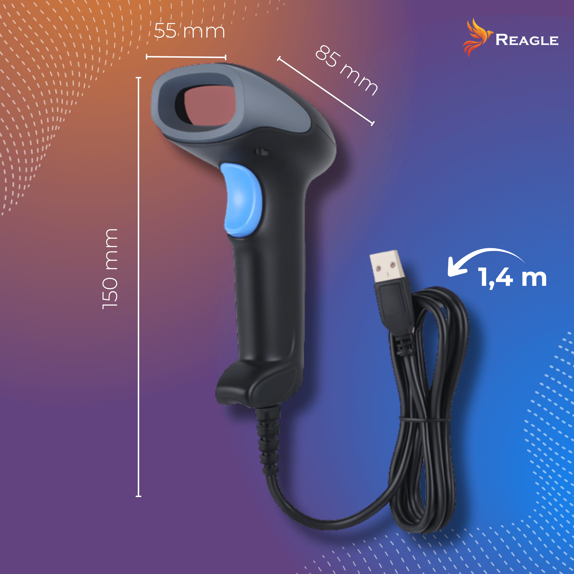 Czarny skaner kodów kreskowych z niebieskim przyciskiem i kablem USB. Wymiary są oznaczone. Logo REAGLE w rogu.