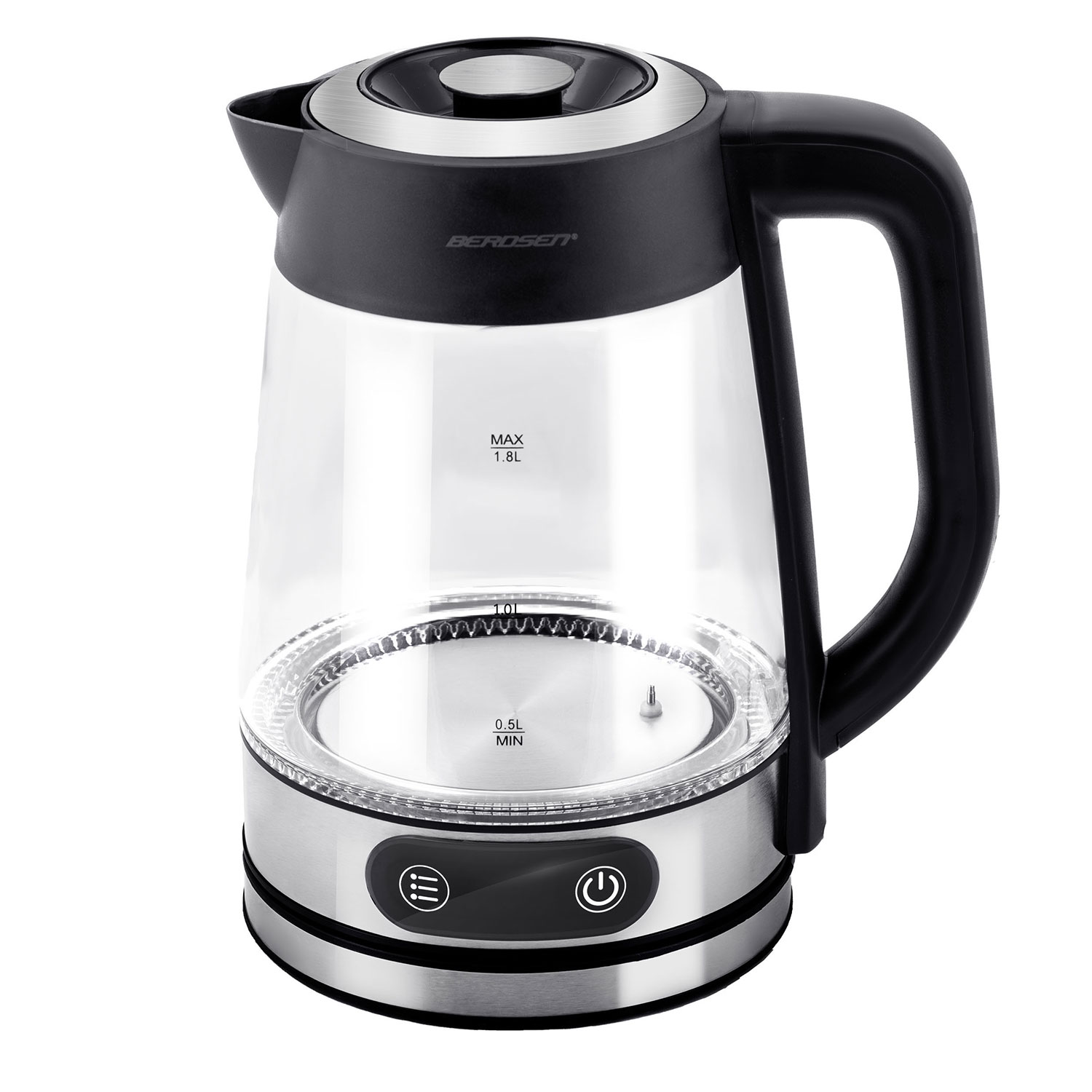 Przezroczysty szklany czajnik elektryczny z czarnym uchwytem i pokrywką, podstawa ze stali nierdzewnej. Pokazuje poziomy wody.