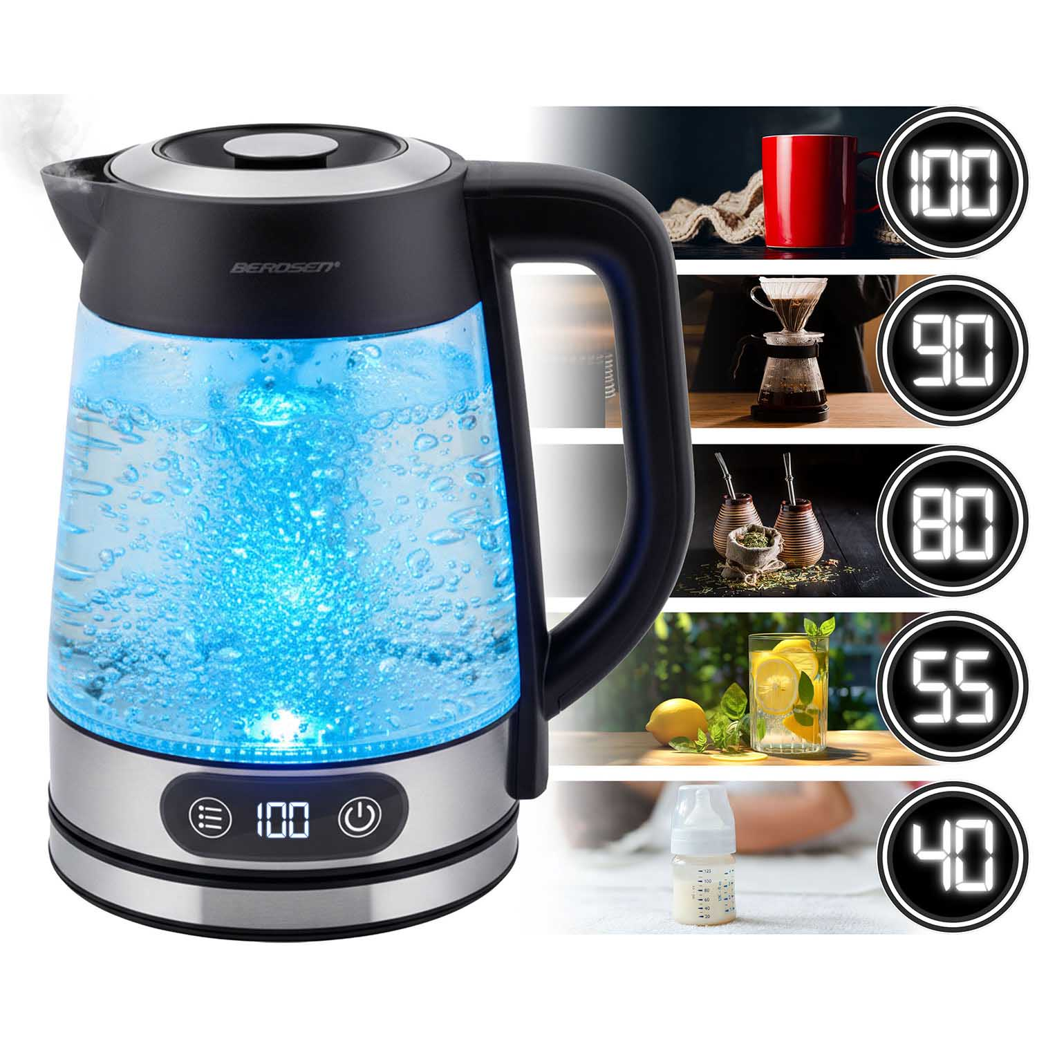 Czajnik elektryczny z wrzącą niebieską wodą. Obrazy boczne pokazują zastosowania: kawa, herbata, napój cytrynowy, butelka dla dziecka, z ustawieniami temperatury.