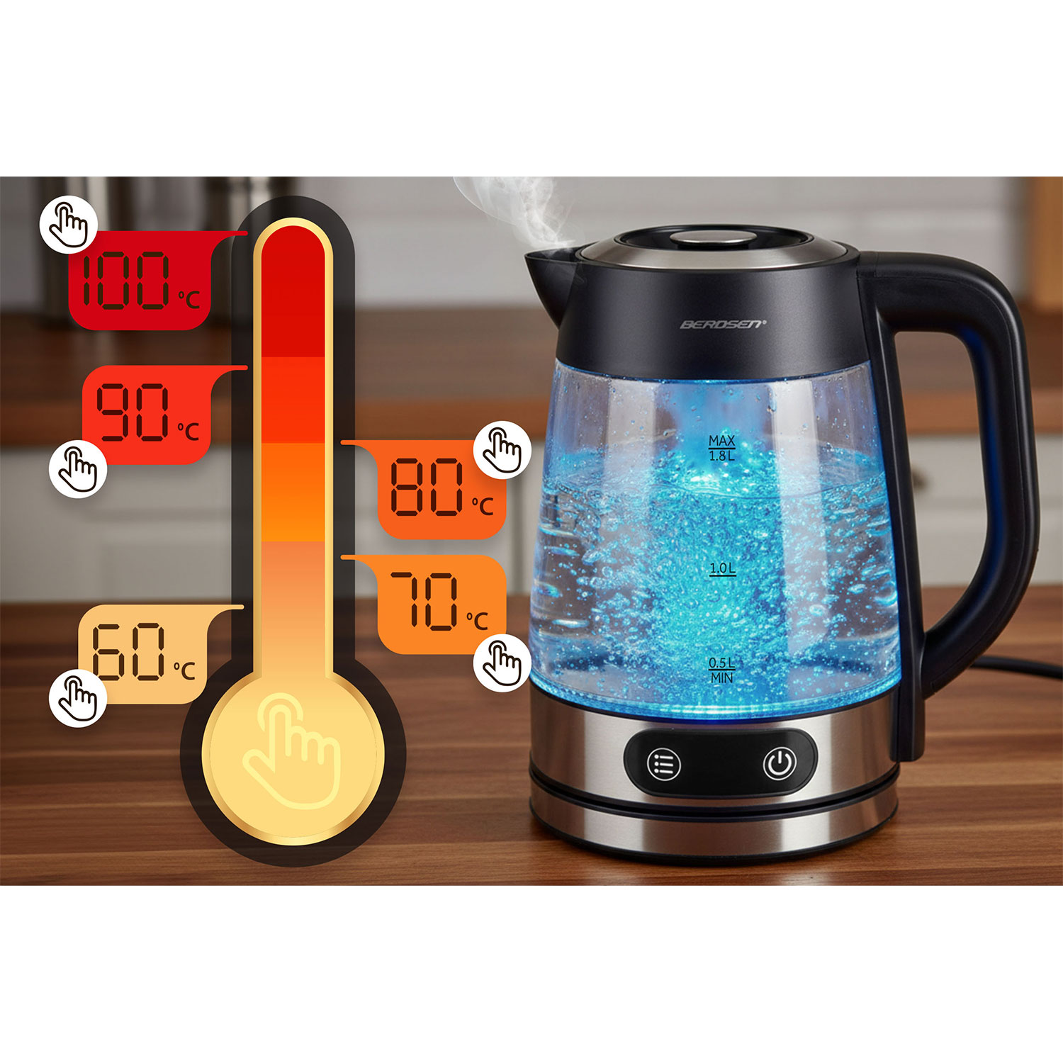 Czajnik elektryczny z ustawieniami temperatury, pokazujący wrzącą wodę. Cyfrowy wyświetlacz pokazuje temperaturę.