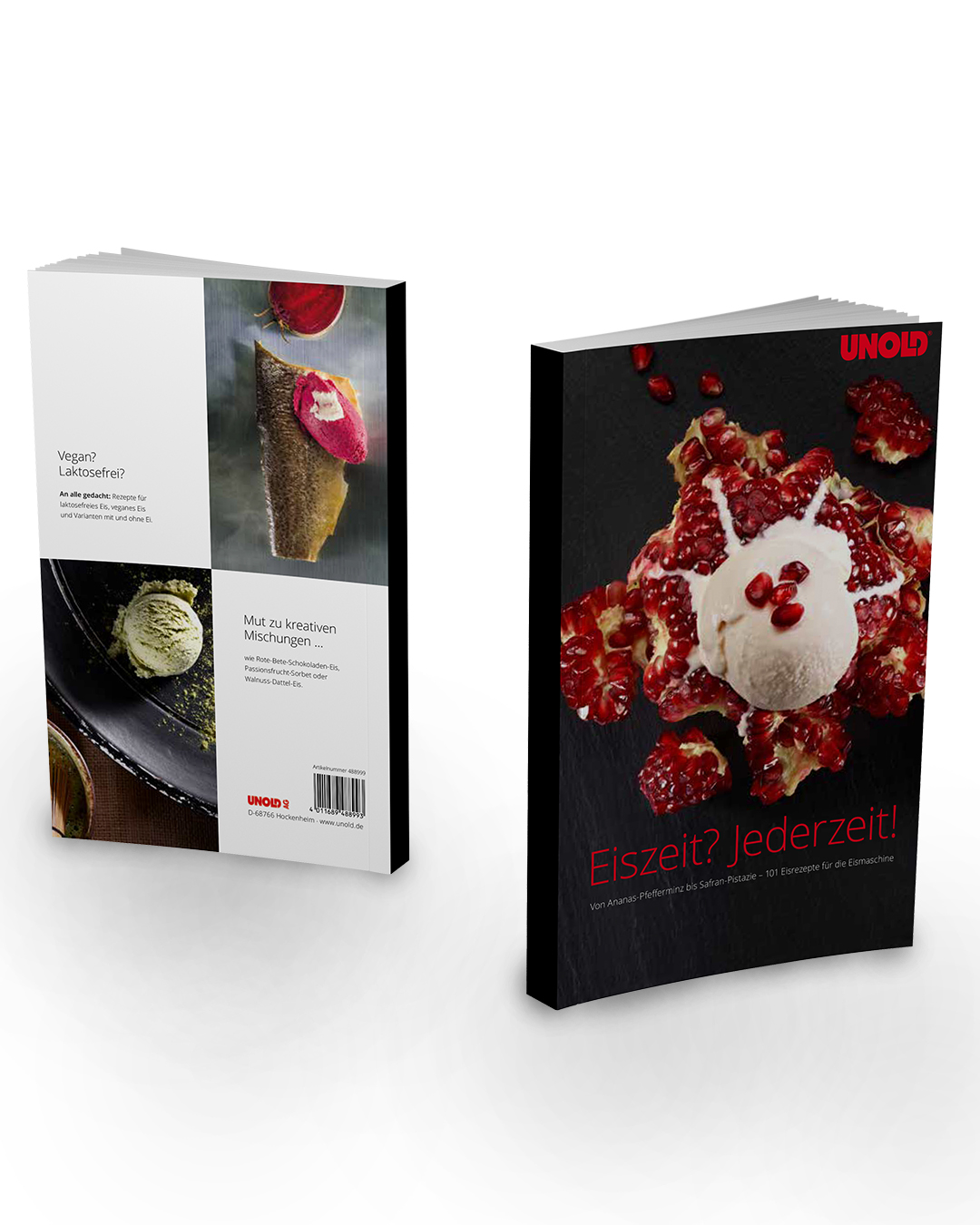 Zwei Buchumschläge. Links: Vegane Eisrezepte. Rechts: Eis mit Granatapfelkernen auf dunkler Oberfläche.
