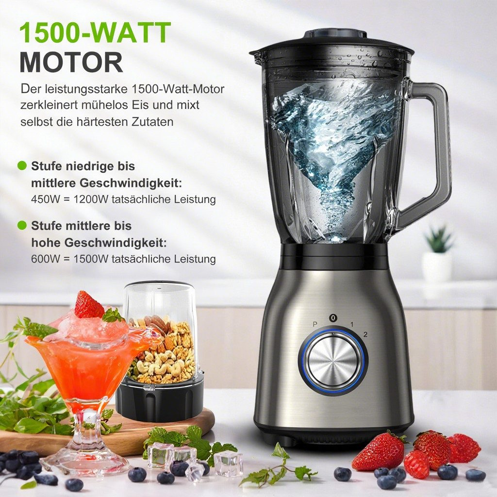 Ein Mixer mit einem Glasbehälter gefüllt mit Wasser. Ein kleiner Smoothie und Zutaten sind davor. Erdbeeren und Blaubeeren liegen auf dem Tisch.