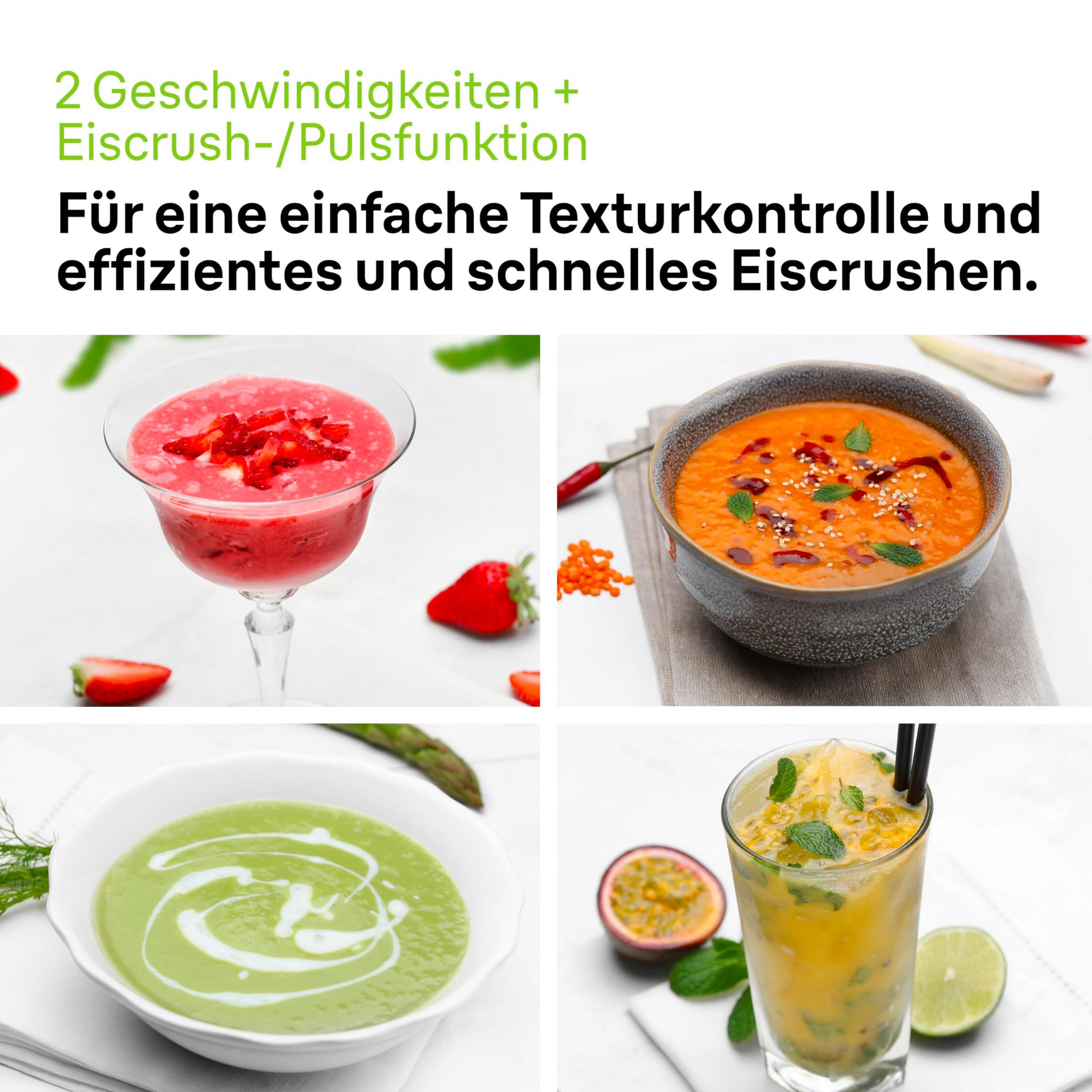 Das Bild zeigt vier Speisen: ein rotes Getränk mit Erdbeeren, eine orangefarbene Suppe, eine grüne Suppe und ein gelbes Getränk.