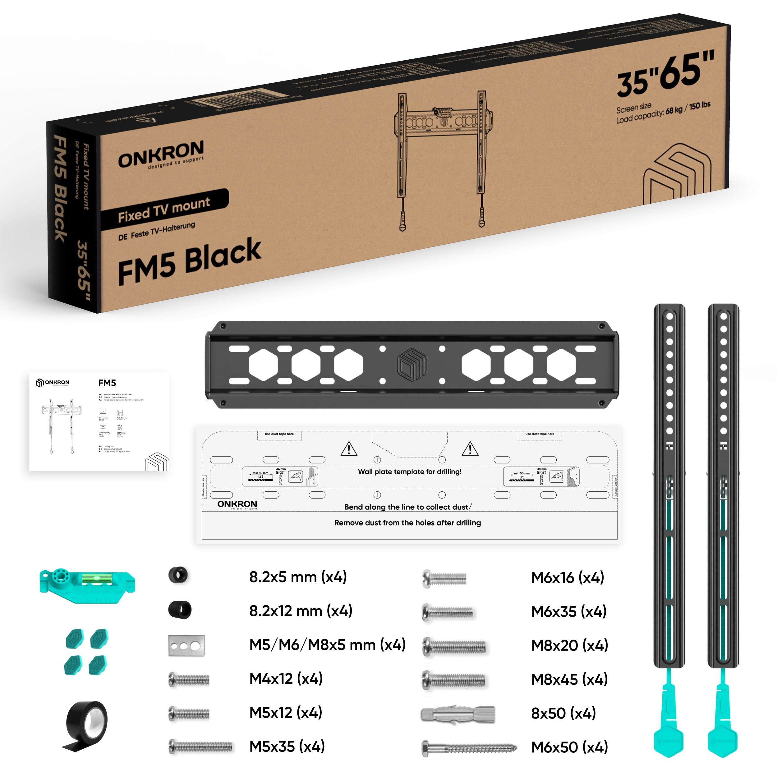 Zestaw do montażu TV z uchwytami, śrubami i szablonem ściennym, wszystko na białym tle.