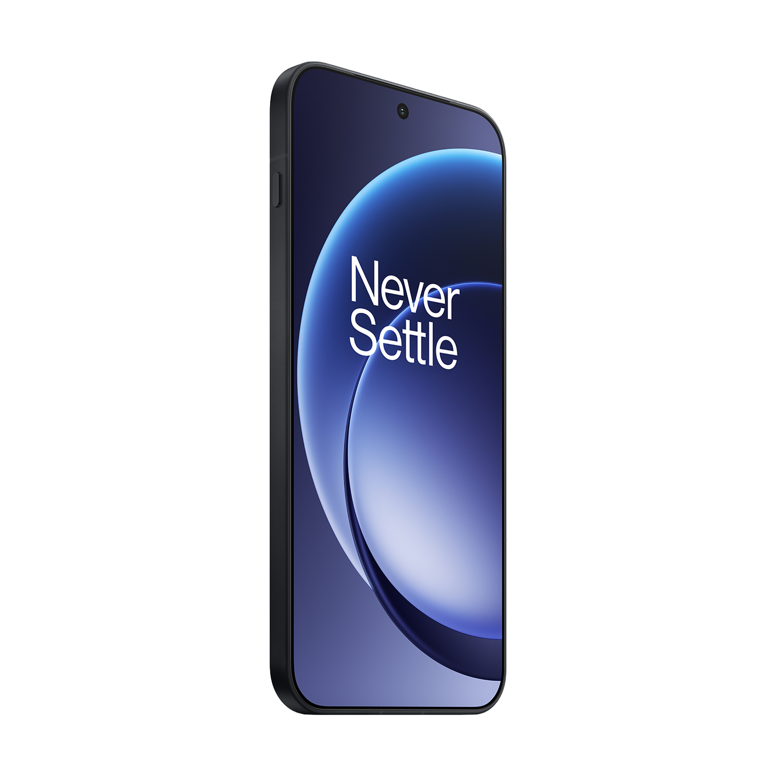 Czarny smartfon z napisem 'Never Settle' na ekranie, białe tło.