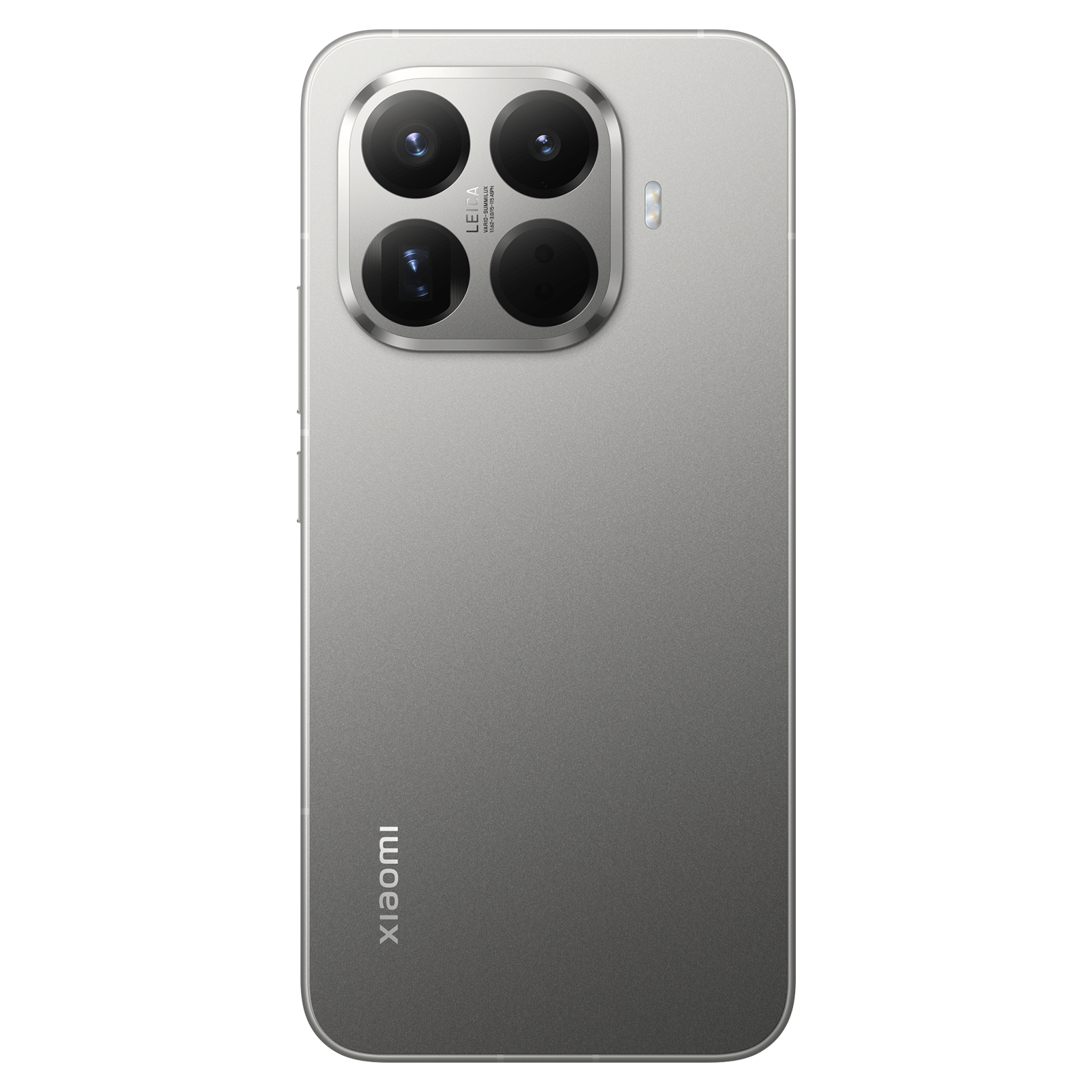 Retro di smartphone grigio con configurazione quad-camera e marchio Leica. Il logo Xiaomi è in basso.