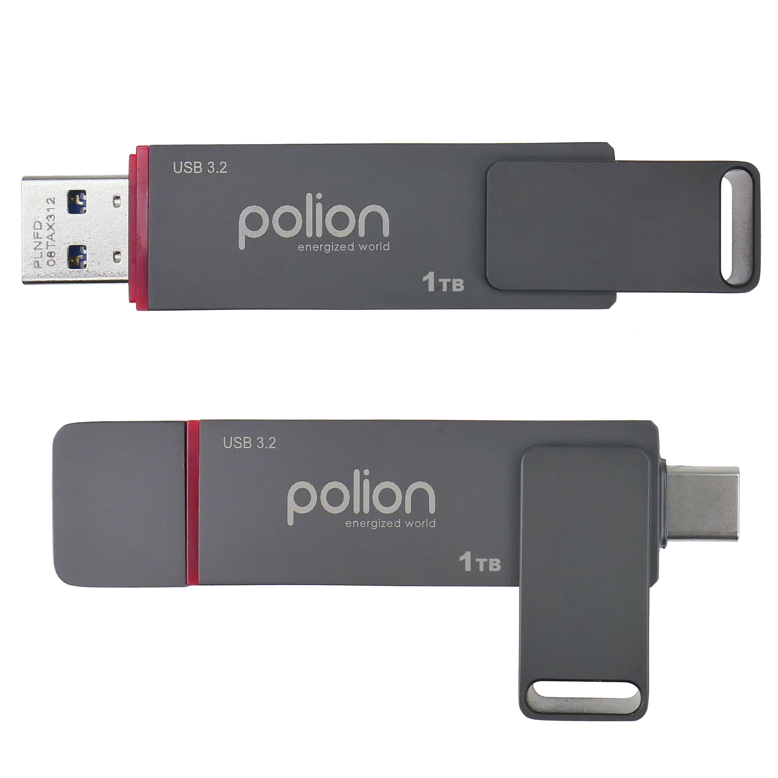 Dwa szare pendrive'y, jeden z USB-A, drugi z USB-C. Oba mają logo "polion" i pojemność 1 TB.