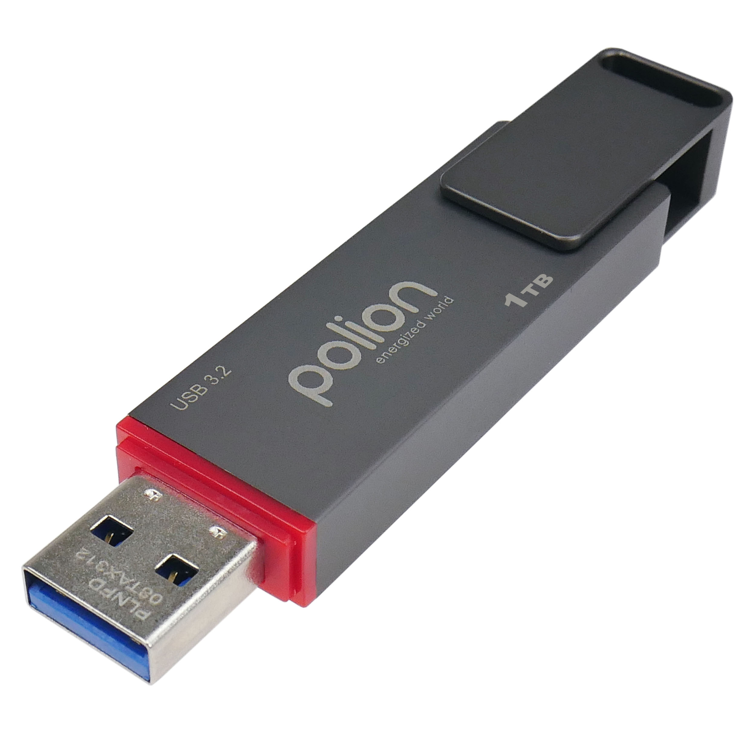 Szara pamięć flash USB 3.2 Polion 1 TB z czarną nasadką i czerwonymi akcentami na końcu złącza.
