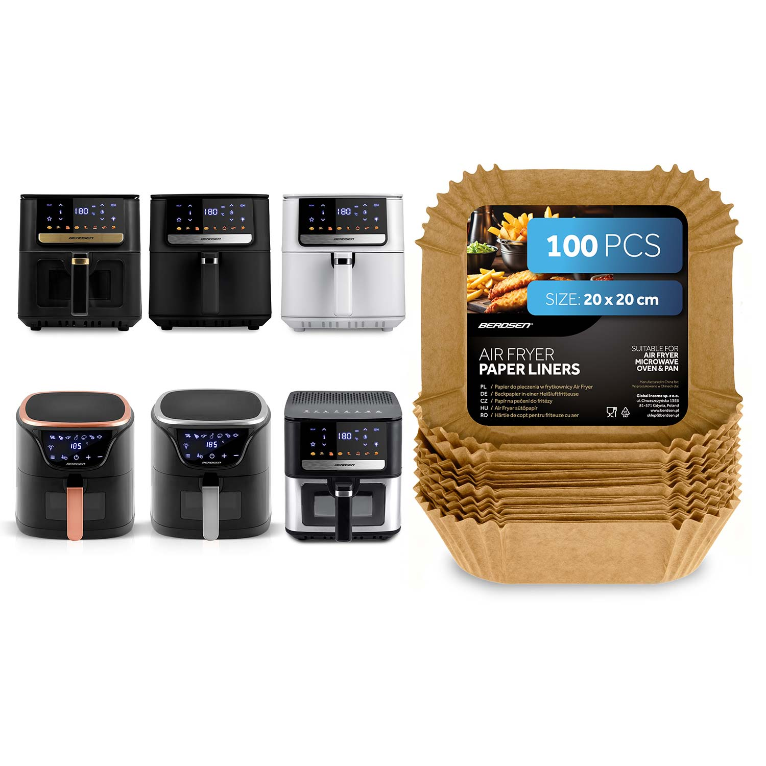 Obraz przedstawia wiele frytkownic i stos papierowych wkładek. Wkładki są brązowe, frytkownice czarne, białe i miedziane.