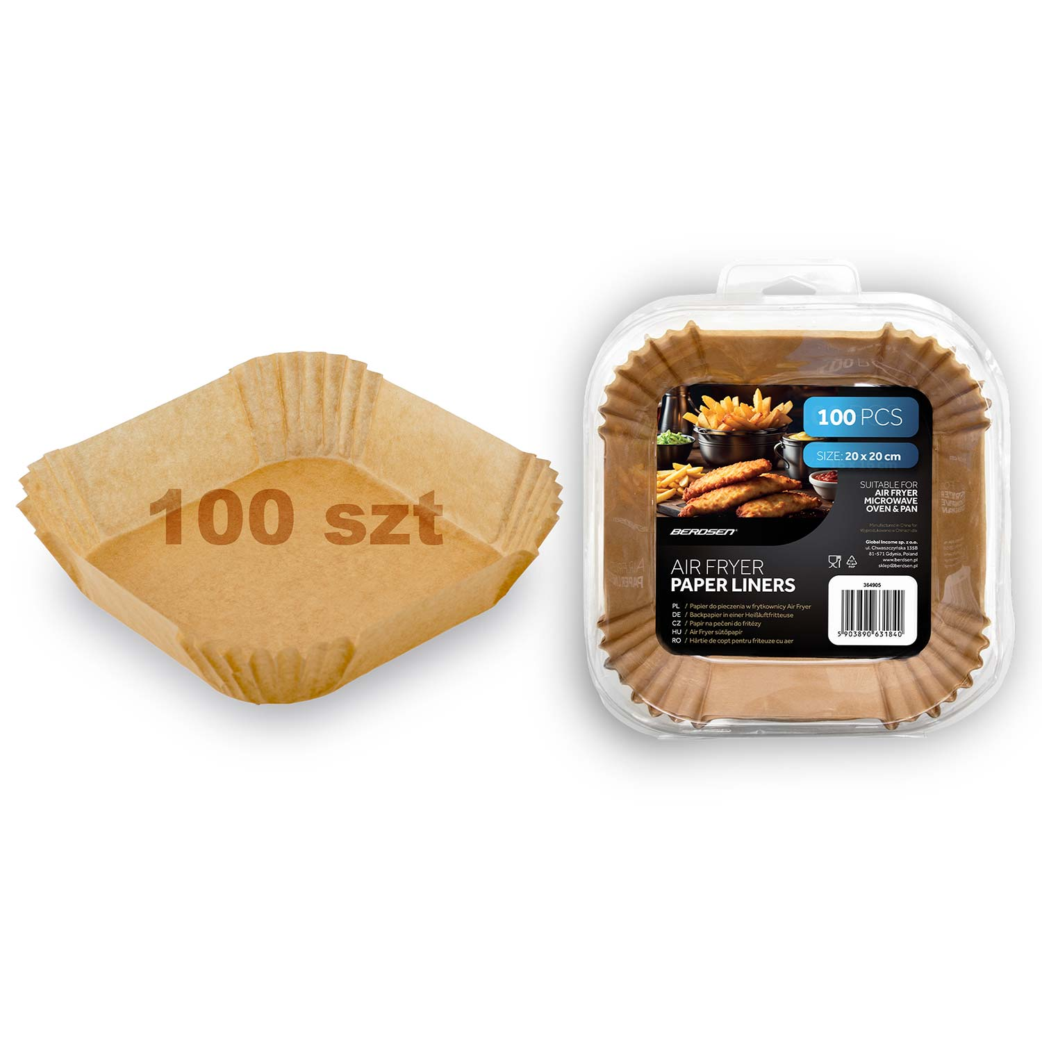 Na zdjęciu widać papierowe wkładki do frytkownicy powietrznej. Pudełko wkładek znajduje się obok pojedynczej wkładki.