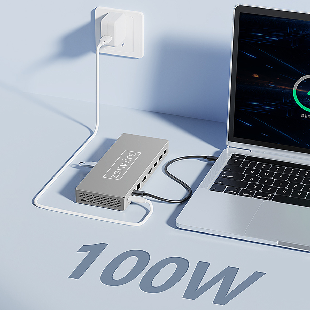 Laptop podłączony do szarego huba z napisem 'zenwire', ładujący z mocą 100W. Hub jest podłączony do gniazdka.