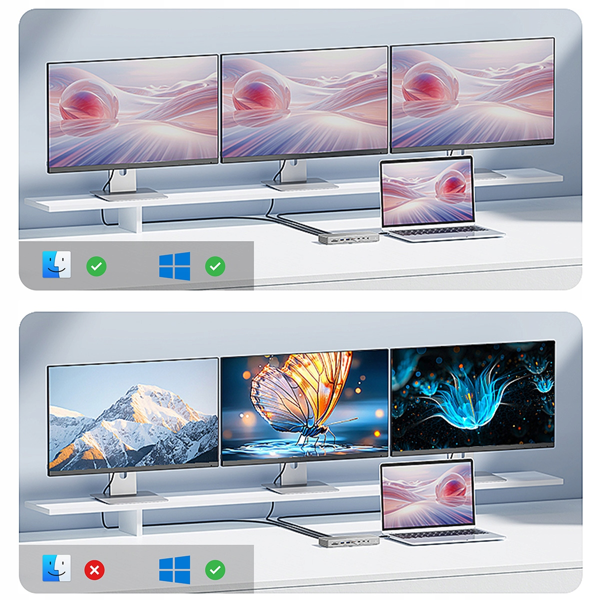 Dwie konfiguracje pokazujące monitory i laptopa. Górna konfiguracja pokazuje trzy monitory z abstrakcyjnym tłem. Dolna konfiguracja pokazuje różne obrazy.