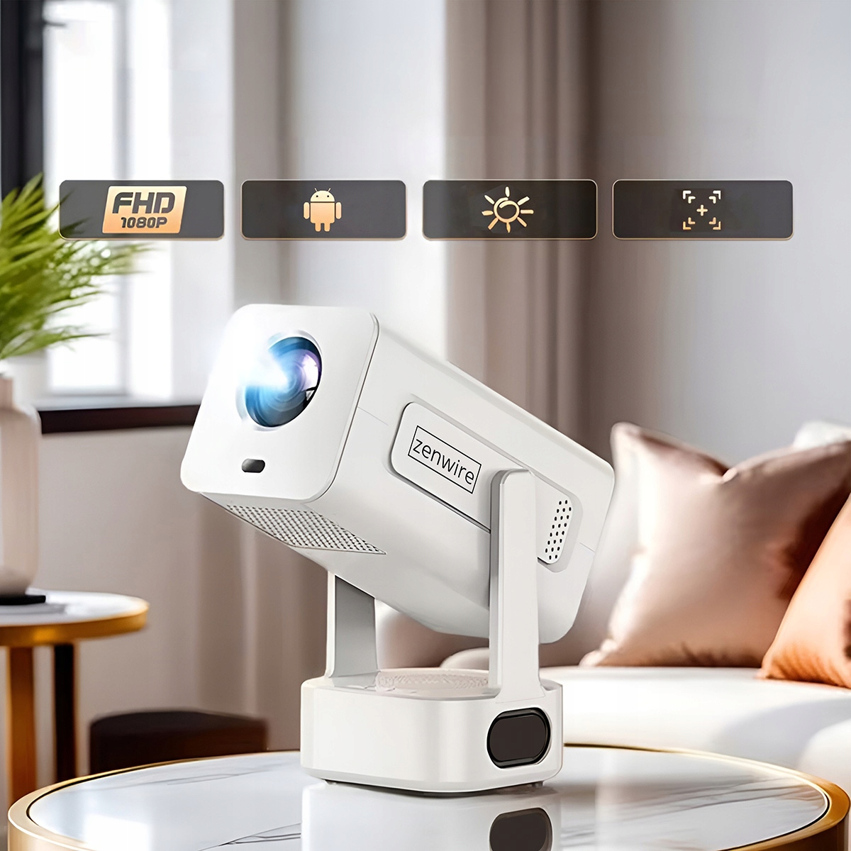 Biały projektor Zenwire na stole. Ma ikony dla FHD, Androida, słońca i ostrości. Tło przedstawia sofę i stół.