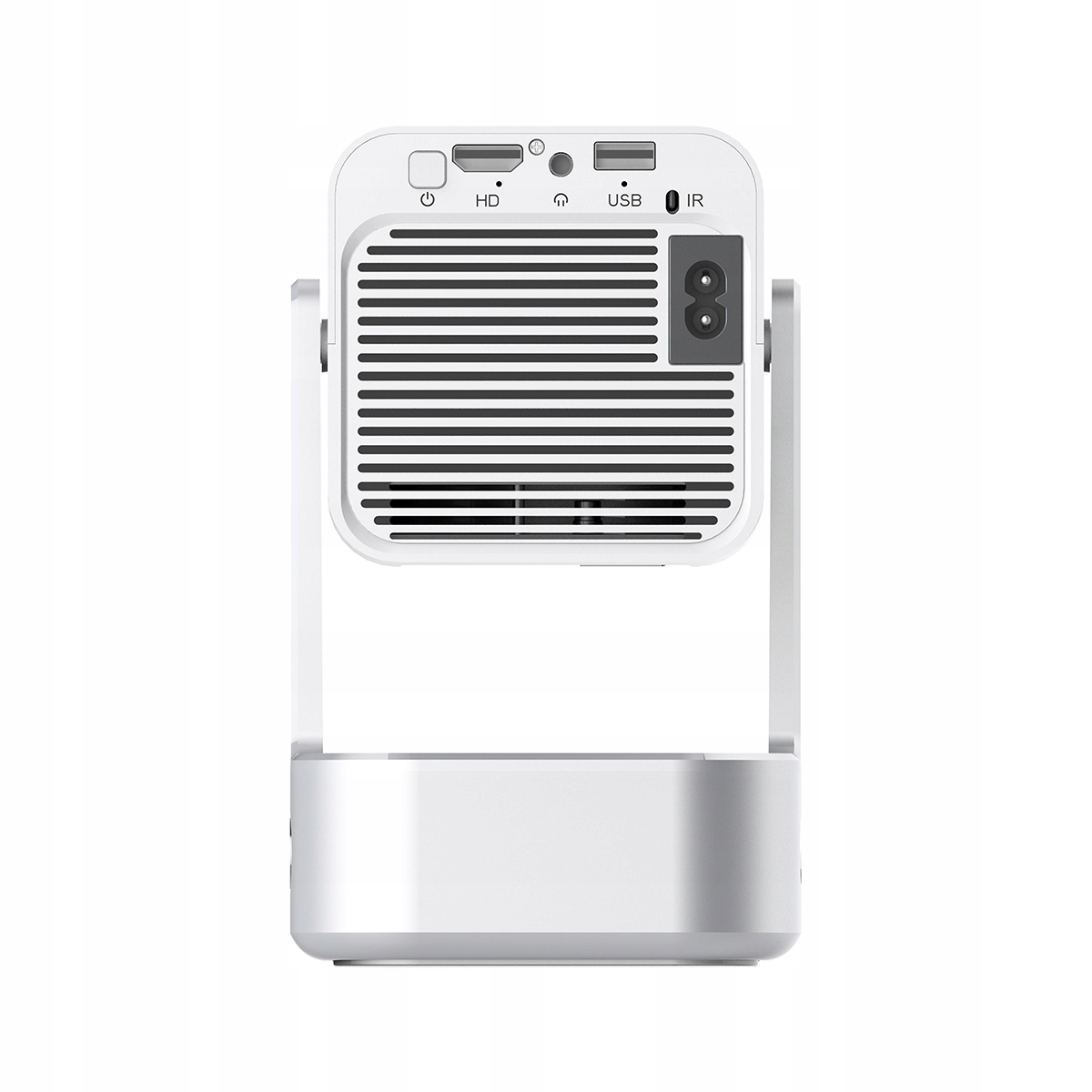 Biały projektor z czarnymi otworami wentylacyjnymi. Widoczne porty HDMI, USB i zasilania. Stoi na stojaku ze srebrną podstawą.