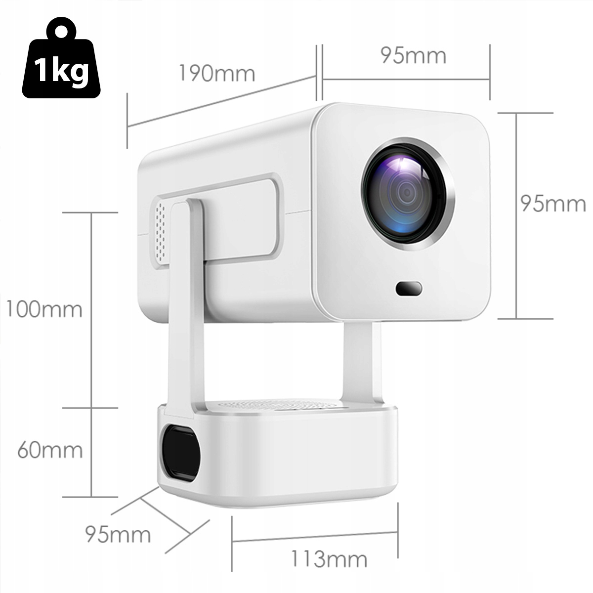 Biały projektor z wymiarami. Ma obiektyw, podstawę i stojak. Waga 1 kg. Wymiary w mm również zawarte.