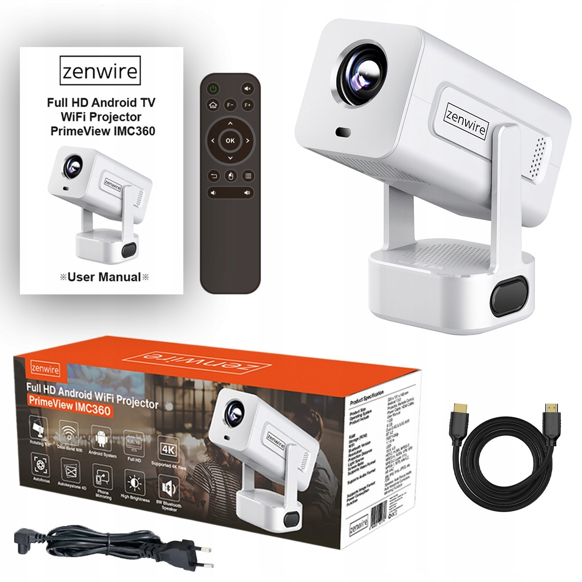 Biały projektor z pilotem, pudełkiem, instrukcją i kablami. Projektor ma logo 'zenwire'. Pudełko jest pomarańczowe i białe.