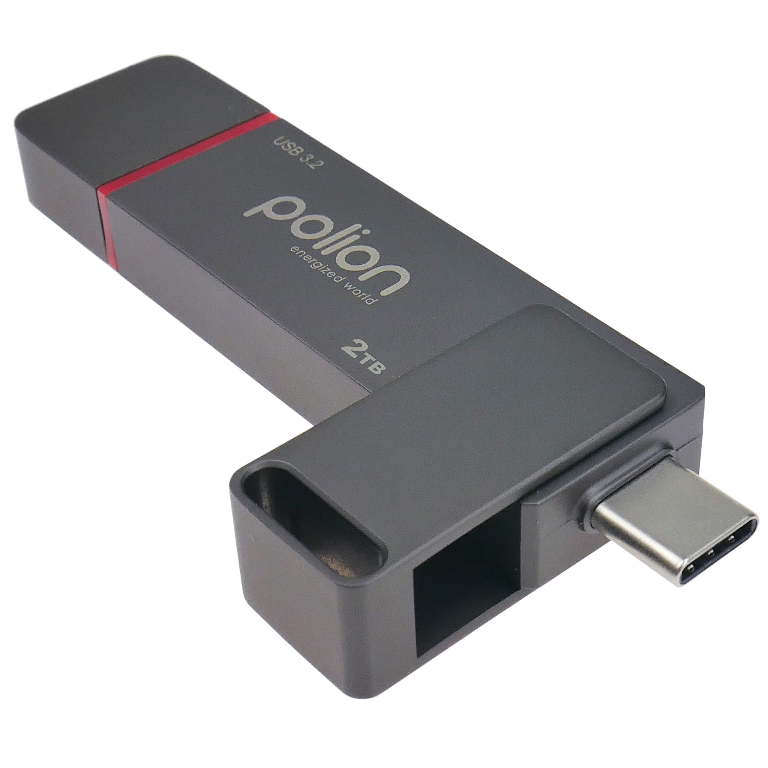 Szara pamięć USB ze srebrnym złączem USB-C. Ma nadruk z nazwą marki 'pollion' i '2TB'.