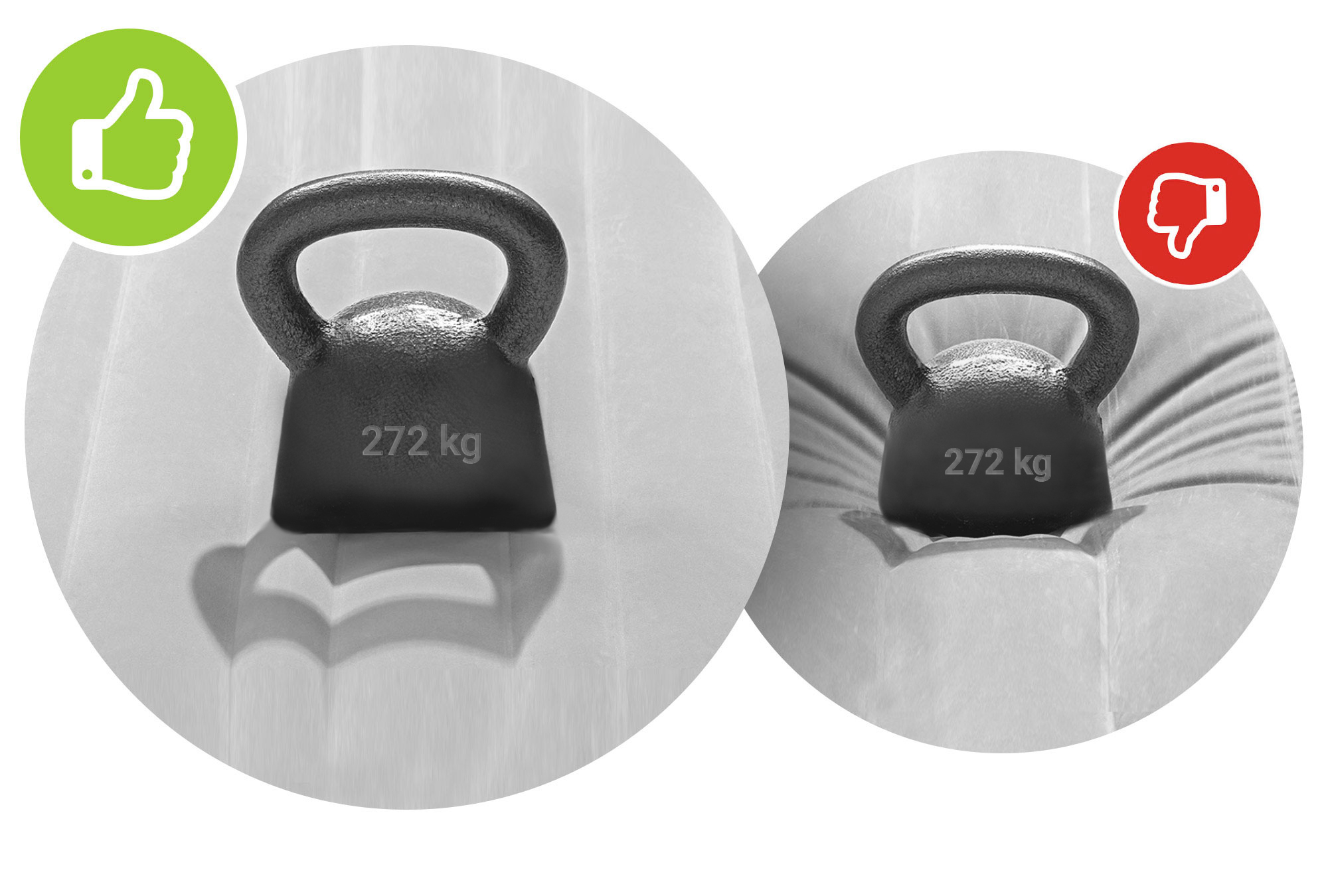 Obraz przedstawia dwie odważniki kulowe, jedną z kciukiem w górę i jedną z kciukiem w dół. Każda z nich znajduje się na białym tle.