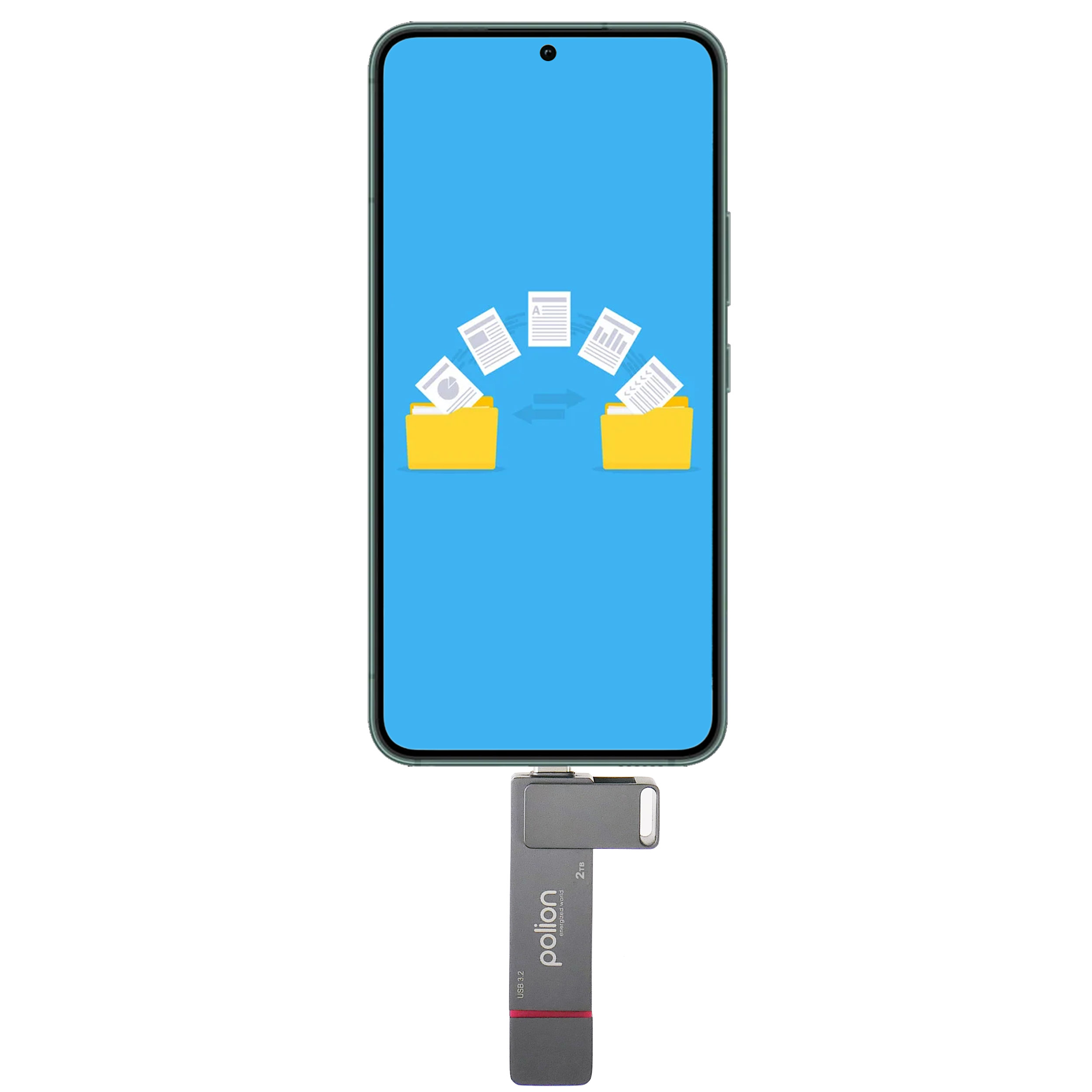 Telefon wyświetla dokumenty przesyłane między folderami. Podłączony jest dysk USB.