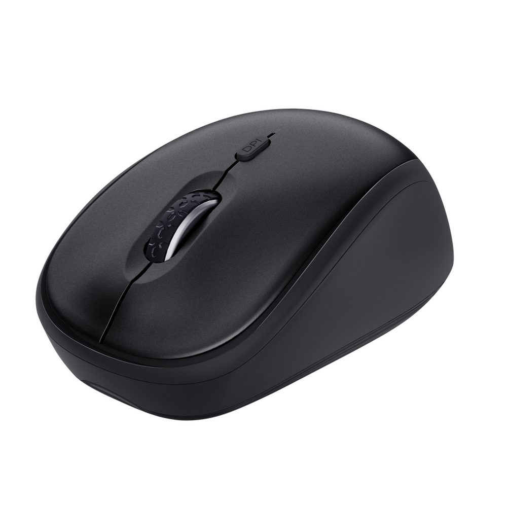 Un mouse per computer nero con rotella di scorrimento e pulsante DPI, su sfondo bianco. È un mouse wireless.