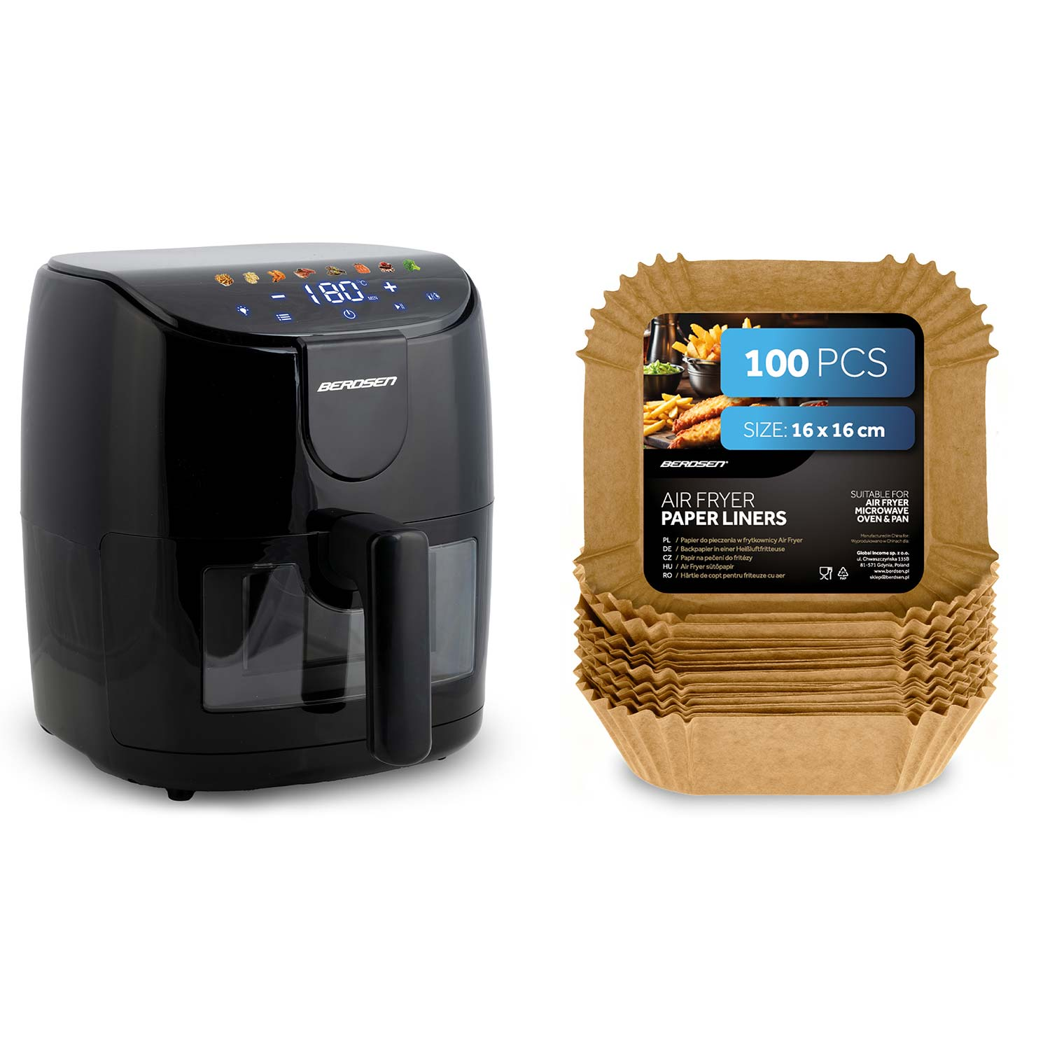 Czarna frytkownica powietrzna i papierowe wkładki. Frytkownica ma cyfrowy wyświetlacz. Papierowe wkładki są brązowe i w stosie.